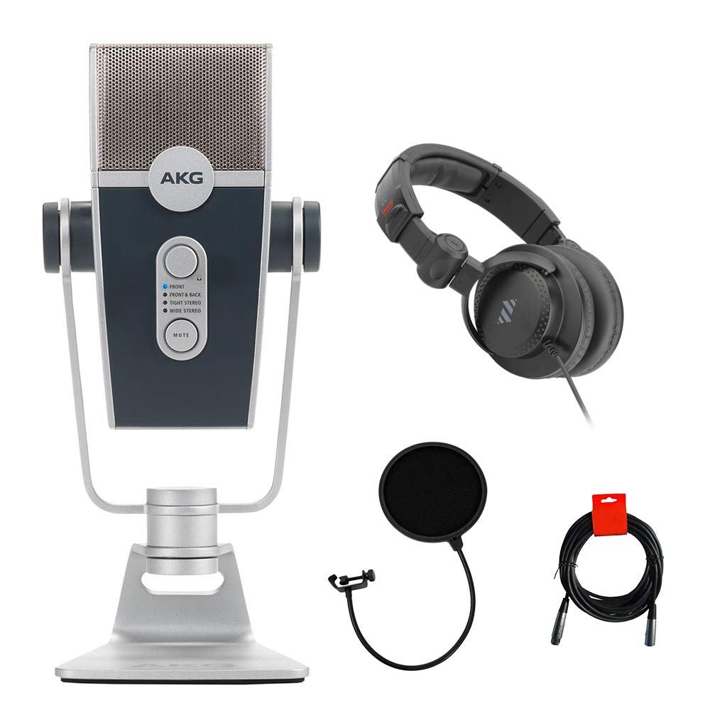 AKG Lyra USB Condenser Microphone Bundle with Studio Headphones, Pop Filter & XLR Cable - Professional Podcasting, Streaming & Home Recording Studio Setup