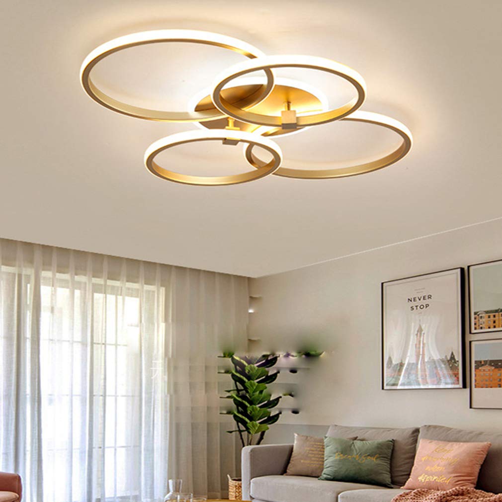 Dimmable LED Ceiling Light Fixture - 4 Round Ring Modern Gold Chandelier with Remote Control for Living Room, Kitchen, Dining Table, Restaurant & Office | Energy Efficient, Adjustable Brightness for Home & Commercial Spaces