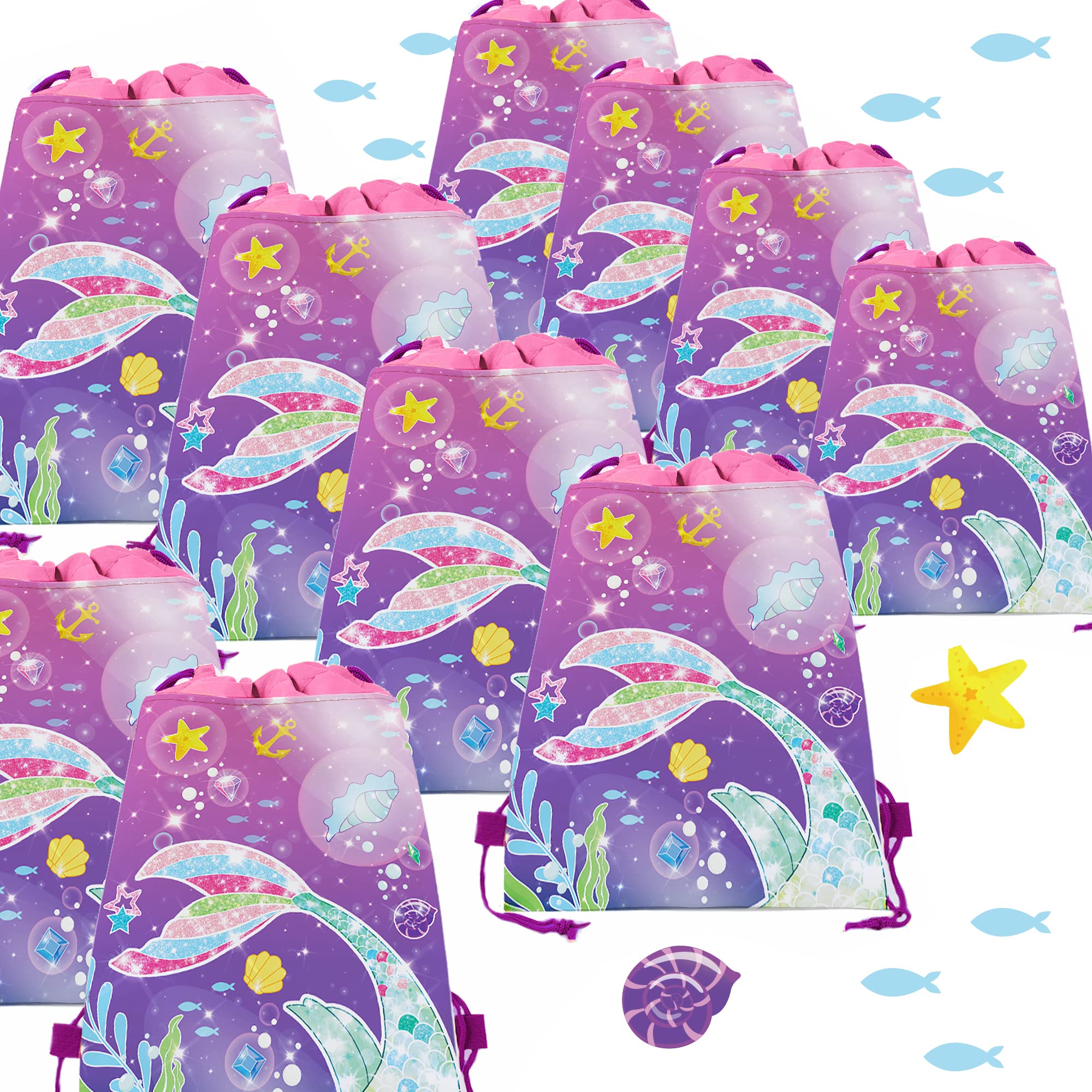 12 Pack Mermaid Drawstring Party Bags - Mermaid Themed Gift & Candy Treat Bags for Kids Birthday Parties, Baby Showers & Special Events (10.6 x 13.4 Inches) - Perfect for Party Favors, Decorations & Goodie Bags