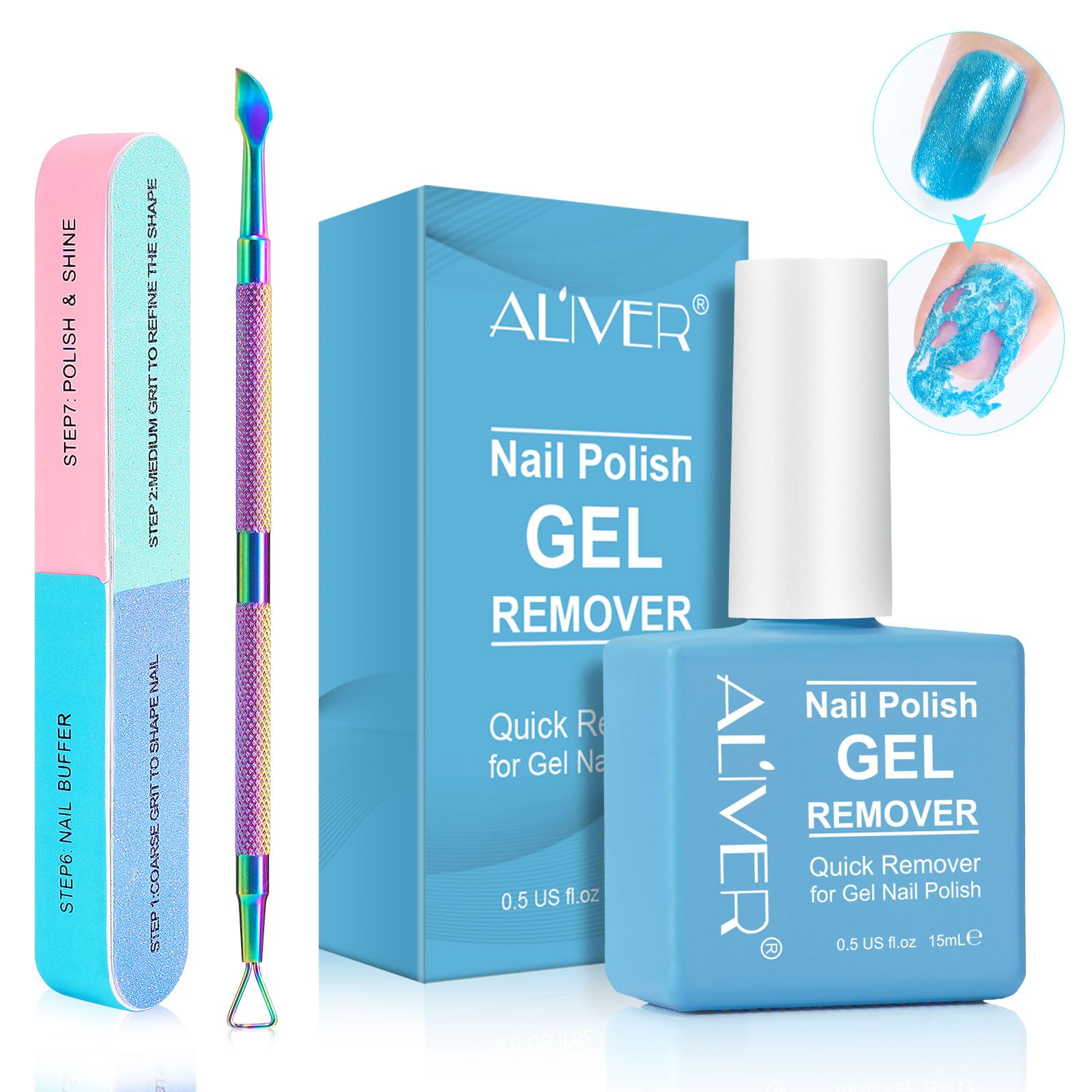 Professional Gel Nail Polish Remover Kit - 0.5 Fl Oz with Nail File & Scraper Tool | Fast Acting Formula Removes Gel Polish in 3-5 Minutes | Gentle on Nails | Perfect for Home Manicures & Salon Use