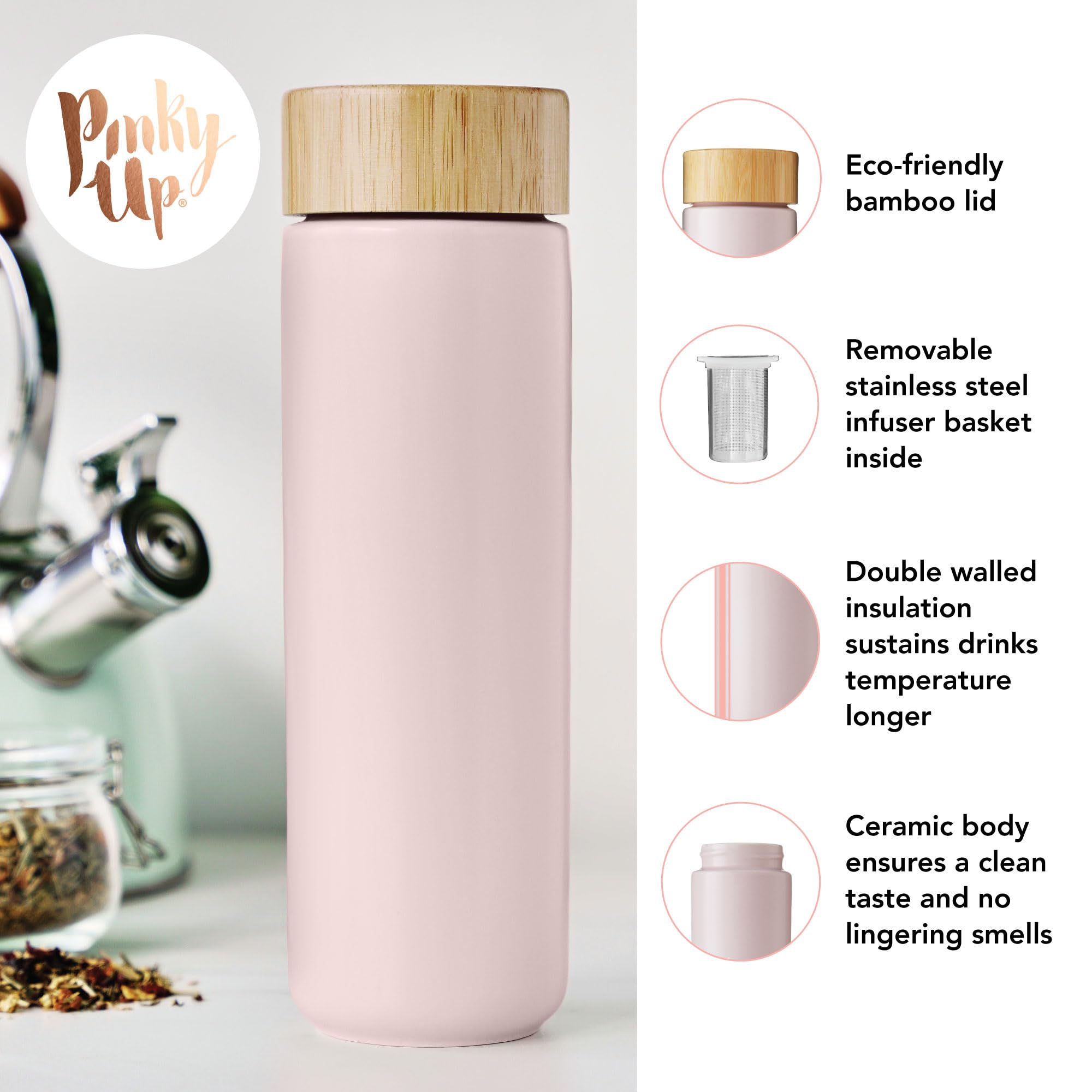 Pinky Up Tatyana Ceramic Tea Infuser Mug with Lid - 12oz Lavender Bamboo & Stainless Steel Tea Cup - Perfect for Loose Leaf Tea, Office, Home & Gifts