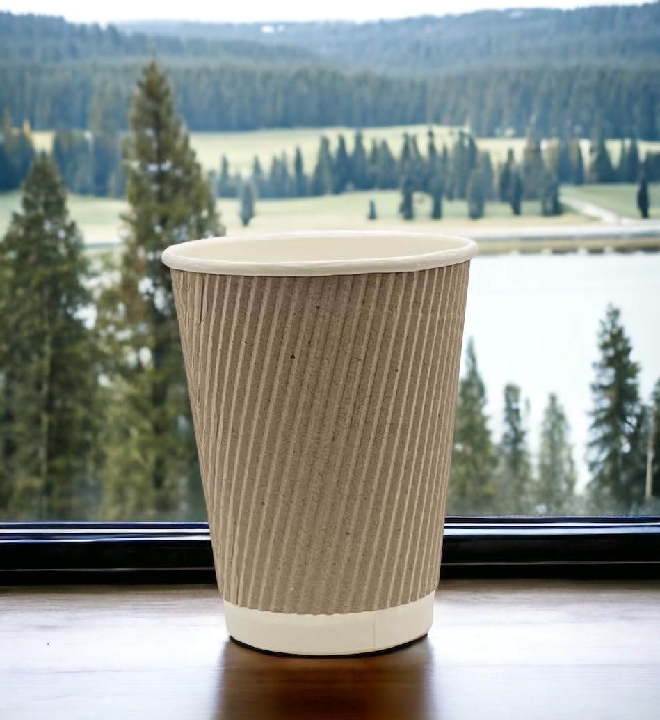 500 Pack 8oz (240ml) Kraft Brown Triple Wall Disposable Coffee Cups - Eco-Friendly Ripple Design for Hot Beverages, Perfect for Coffee Shops, Offices, and Catering Events