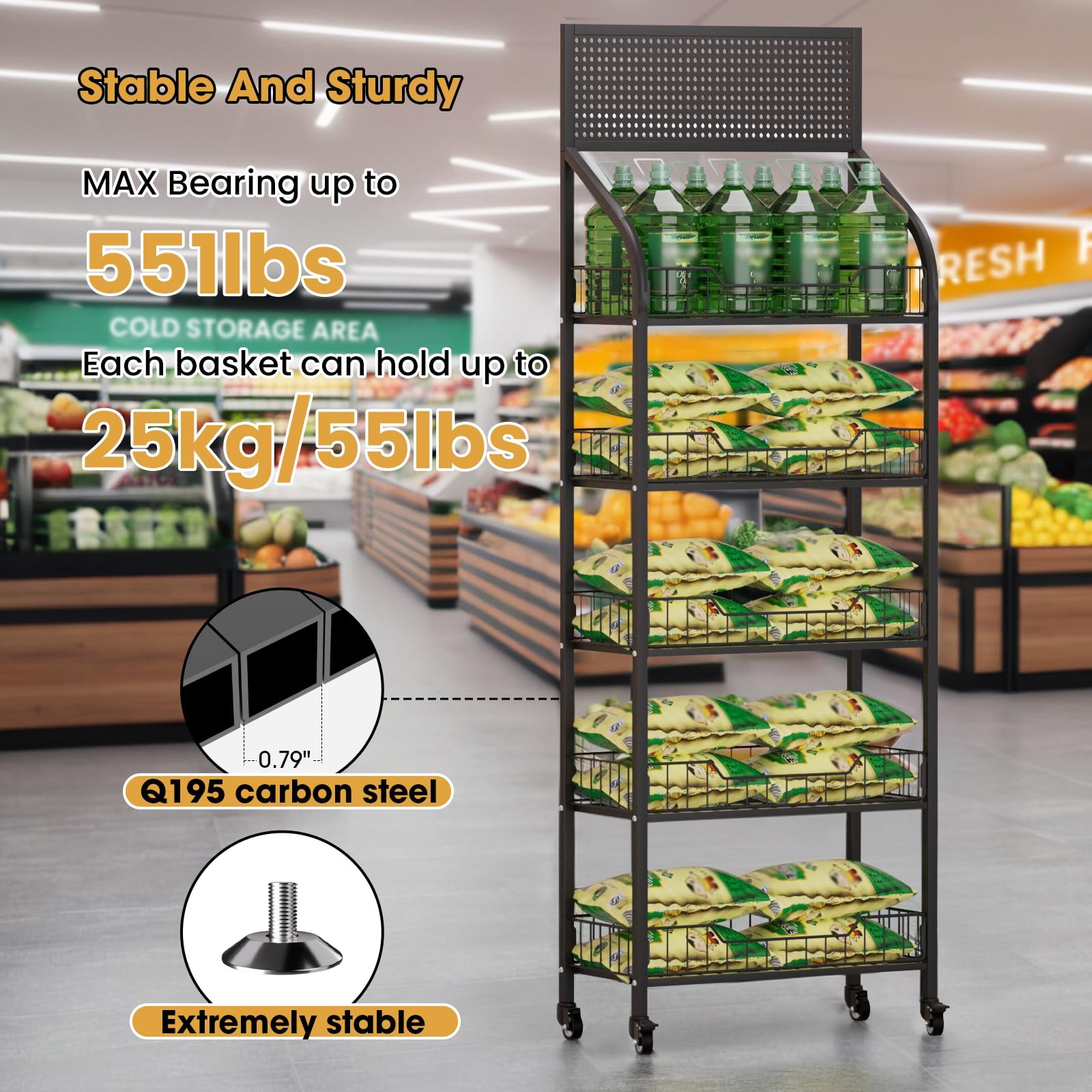5-Tier Black Metal Candy Display Rack - 23.6x10.6x67 Inch Snack Organizer Stand for Retail Stores, Kitchen & Office - Sturdy Chip Shelf for Bread, Chips & Snacks Display - Perfect for Convenience Stores, Supermarkets & Cafeterias