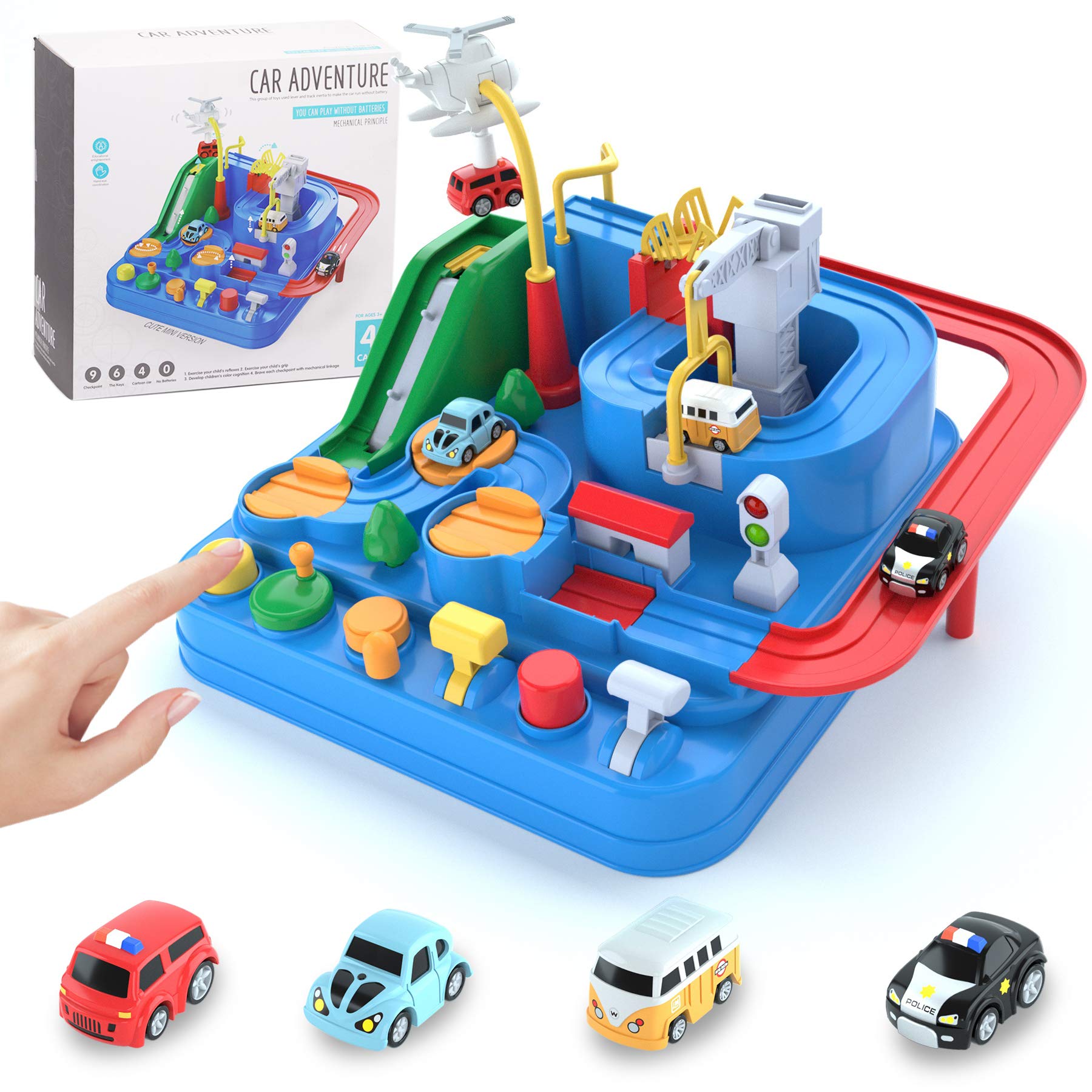 Best Car Adventure Toys for Kids Ages 3-8 - 4-Piece Race Track Set with Toy Vehicles | Educational Preschool Learning Toy for Boys & Girls | Interactive Classic Blue Car Playset - Perfect for Birthday Gifts, Indoor Playtime & STEM Learning Activities