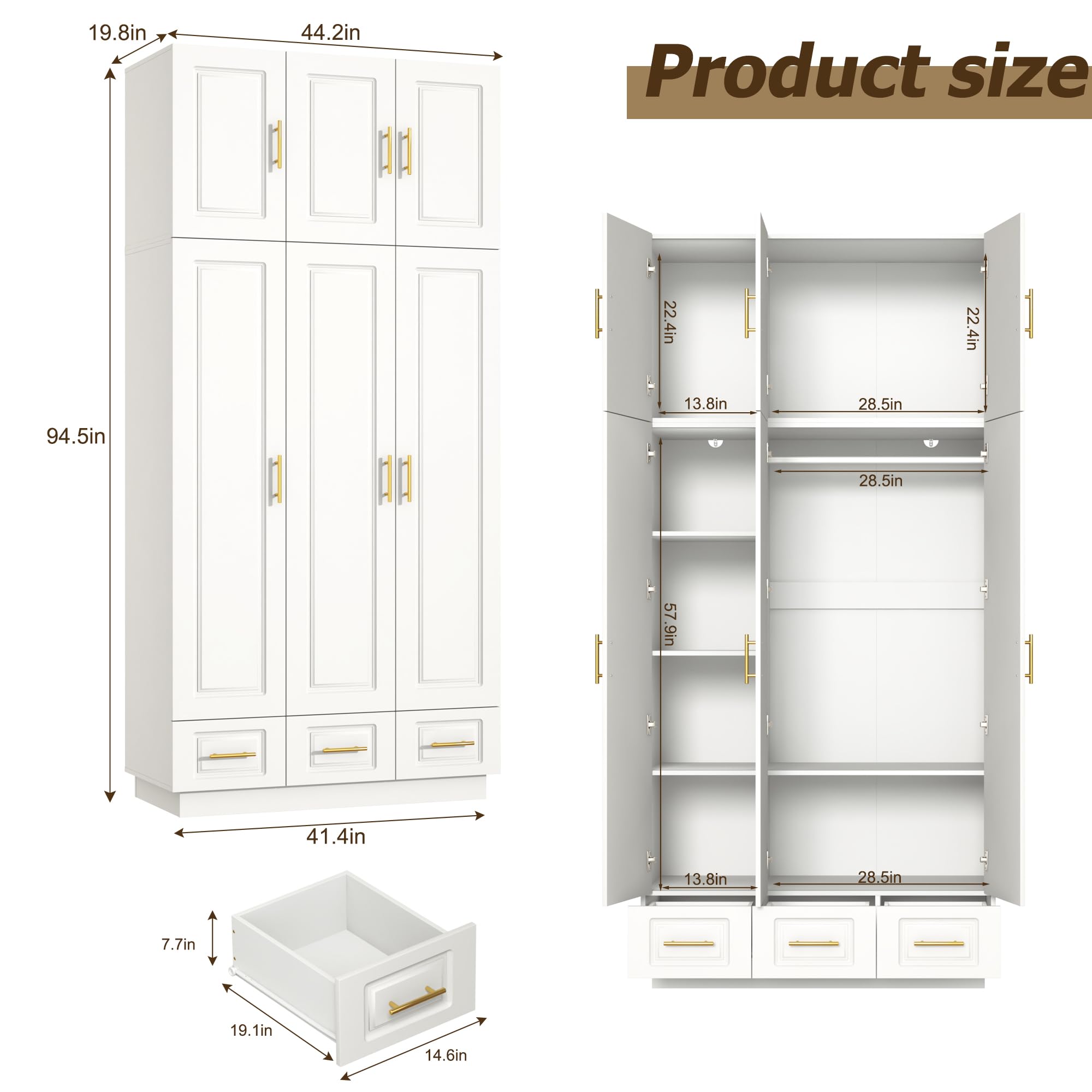 Large Armoire Wardrobe Closet Cabinet with Drawers & LED Lights - Multi-Tier Shelves, Hanging Rod, Spacious 3-Door Storage for Bedroom - White | Perfect for Organizing Clothes, Shoes & Accessories in Master Bedroom, Guest Room or Walk-In Closet