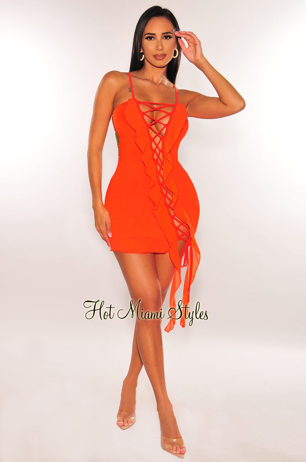 Sexy Tangerine Spaghetti Strap Mini Dress with Lace-Up Back & Ruffle Details - Perfect for Date Night, Parties & Summer Outfits