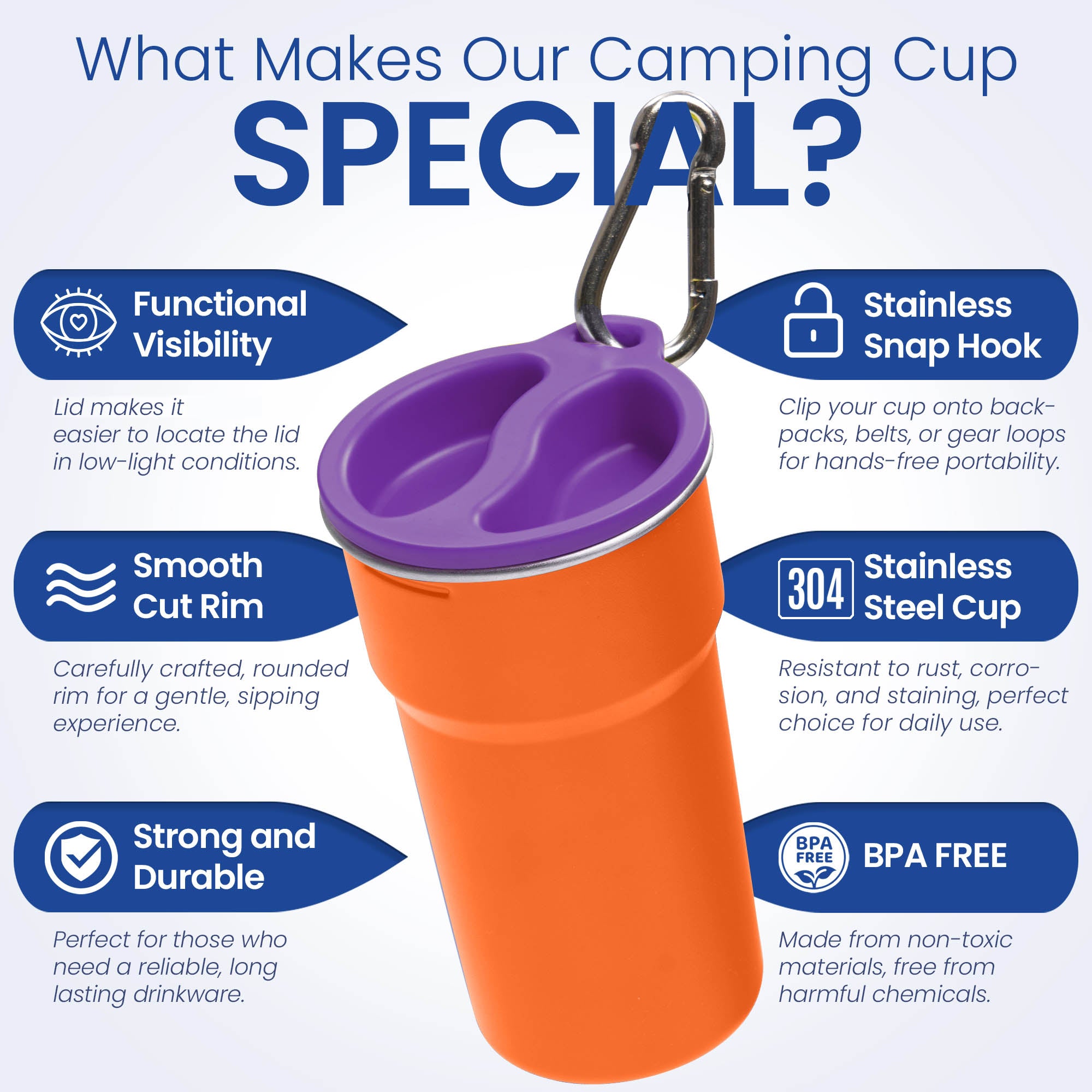 Premium Stainless Steel Camping Cup Set with Hooks - 3-Piece Nesting Design, Durable & Lightweight for Outdoor Adventures (Orange) | Perfect for Hiking, Backpacking, and Travel Accessories