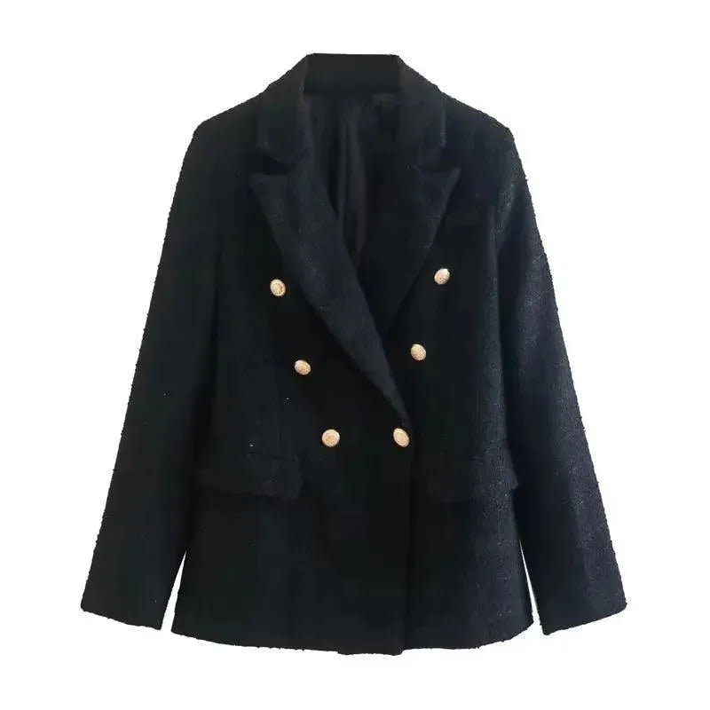 Women's Blended Double Breasted Tweed Blazer - Elegant Office Wear & Business Casual Jacket for Professional Women