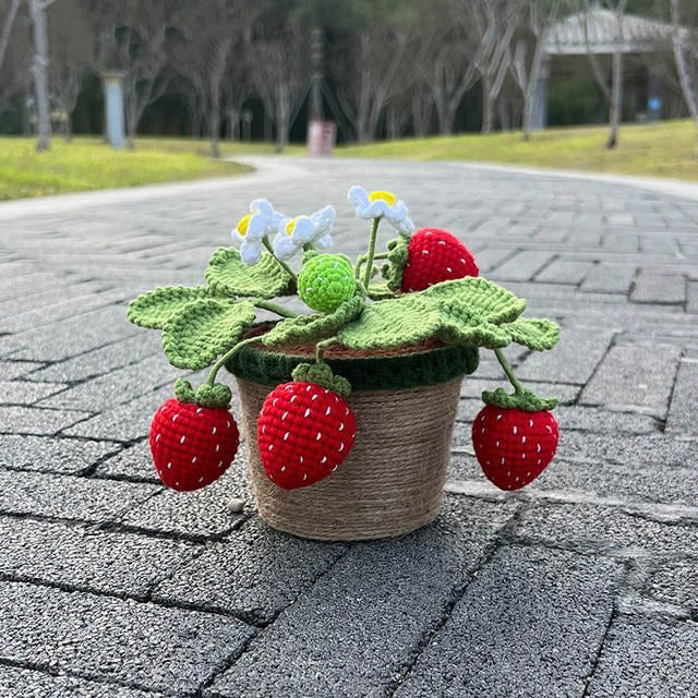 Handmade Crochet Potted Strawberry Bush - Decorative Artificial Plant for Home, Office & Gift - Perfect for Indoor Decor, Shelf Display & DIY Crafts
