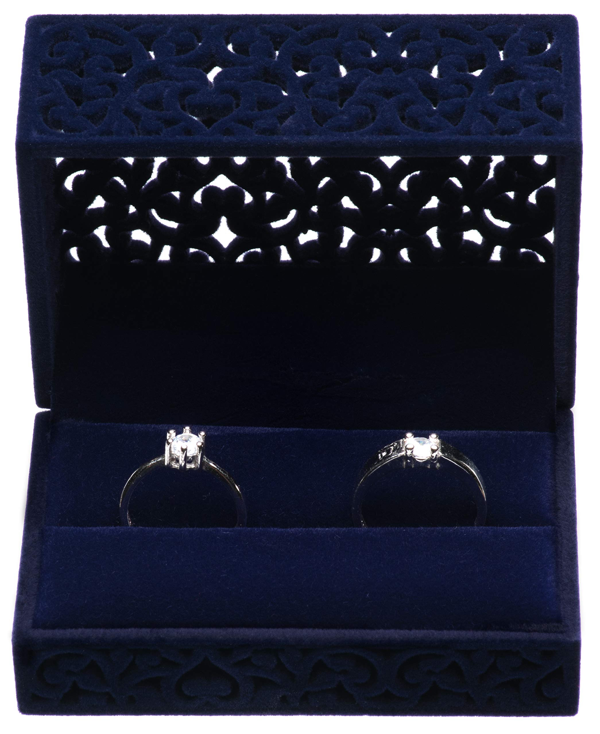 Luxury Hollow Velvet Ring Box - Double Ring Bearer Jewelry Case for Engagement, Wedding & Proposal - Premium Velvet Jewelry Gift Box (Dark Blue) | Perfect for Wedding Proposals, Anniversary Gifts & Ring Storage