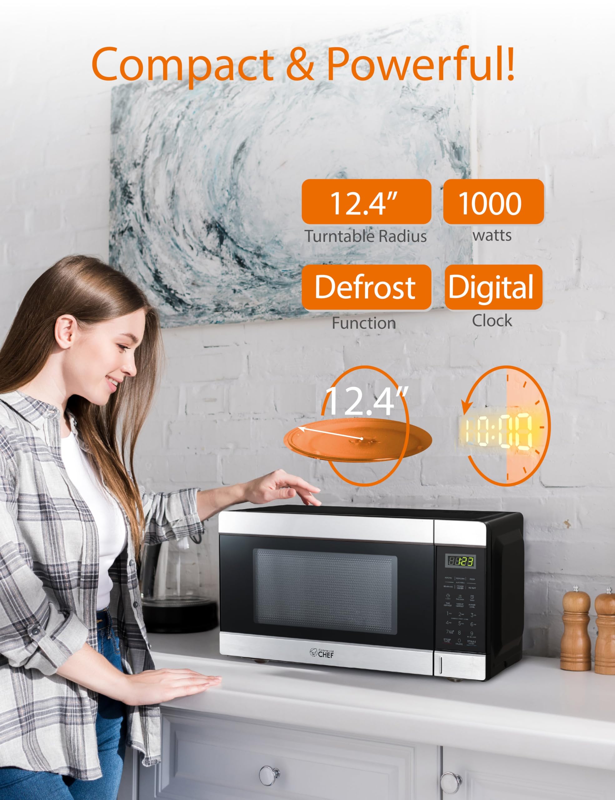 Commercial CHEF 1.1 Cu. Ft. Countertop Microwave Oven - Stainless Steel & Black - Perfect for Restaurants, Offices & Small Kitchens