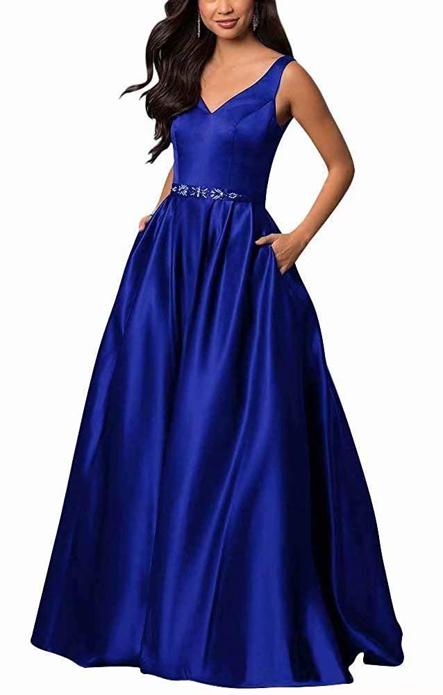 Elegant A-Line V-Neck Prom Dress with Lace-Up Back & Pockets for Evening Gala