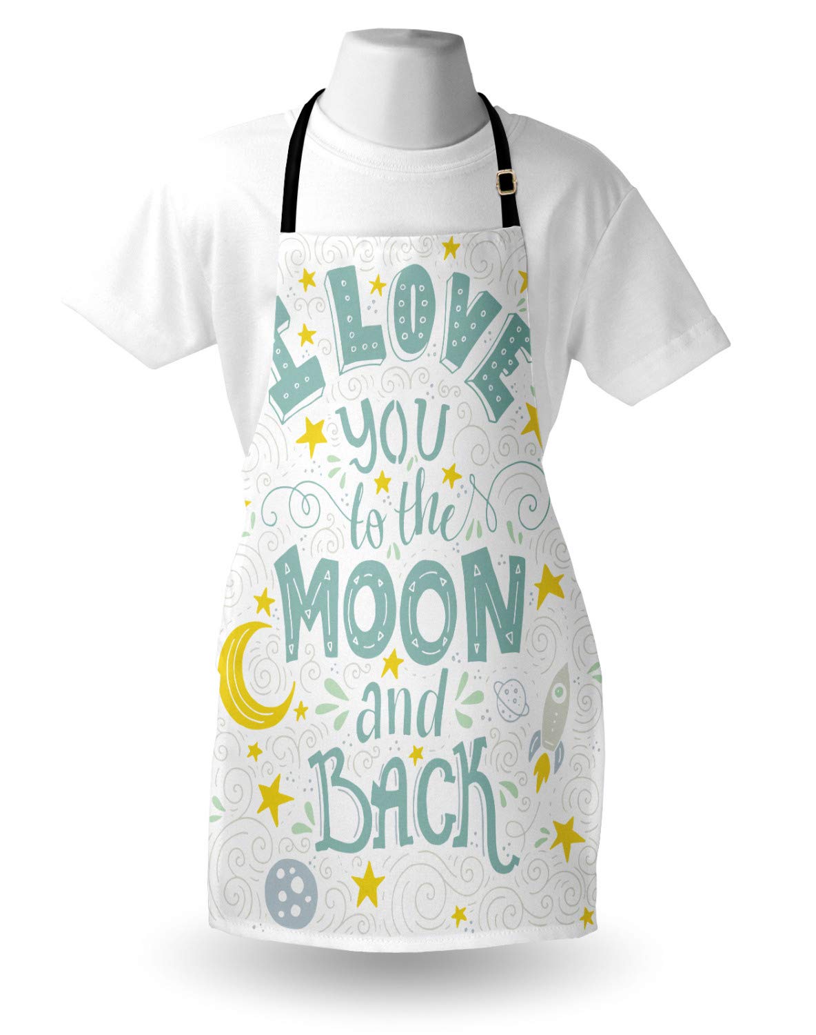 Ambesonne 'I Love You to the Moon and Back' Apron - Crescent Moon, Stars & Galaxy Print - Adjustable Unisex Kitchen Bib for Cooking, Baking & Gardening - Adult Size White Pale Seafoam - Perfect for Romantic Dinners, Outdoor BBQs & Space-Themed Parties