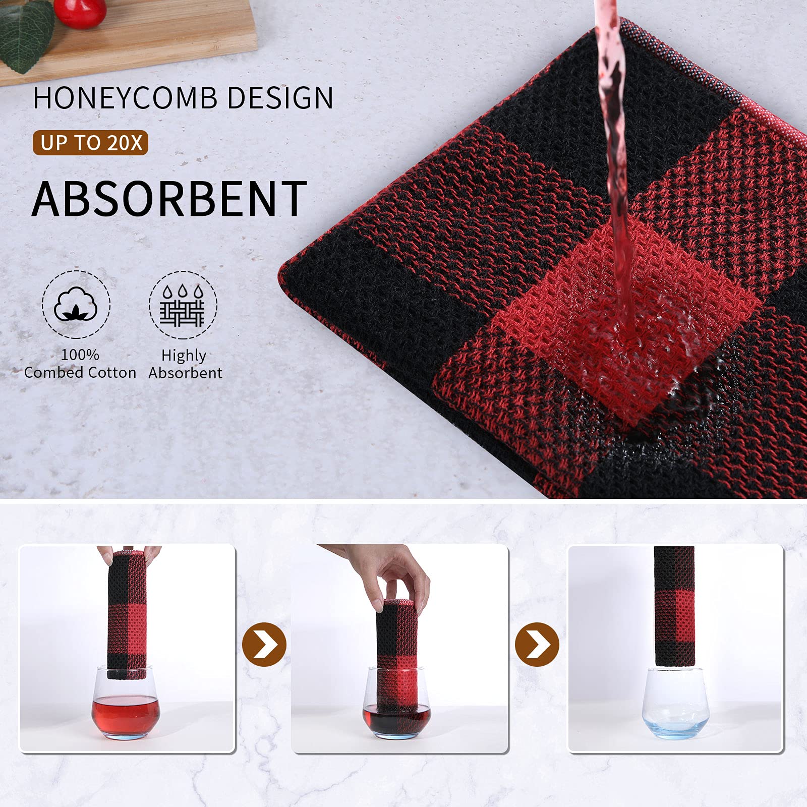 Premium 100% Cotton Waffle Weave Kitchen Towels - Super Soft & Absorbent Buffalo Check Dish Towels (13