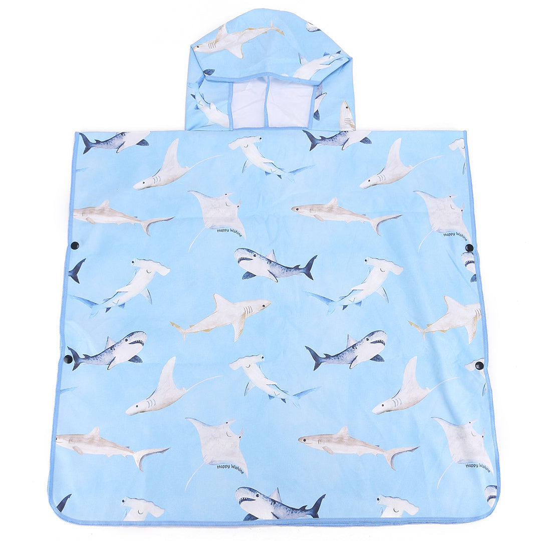 Happy Sharks Blue Hooded Beach Towel Poncho for Kids - Soft & Absorbent Swim Cover Up for Boys & Girls - Perfect for Pool, Beach, and Water Park Adventures