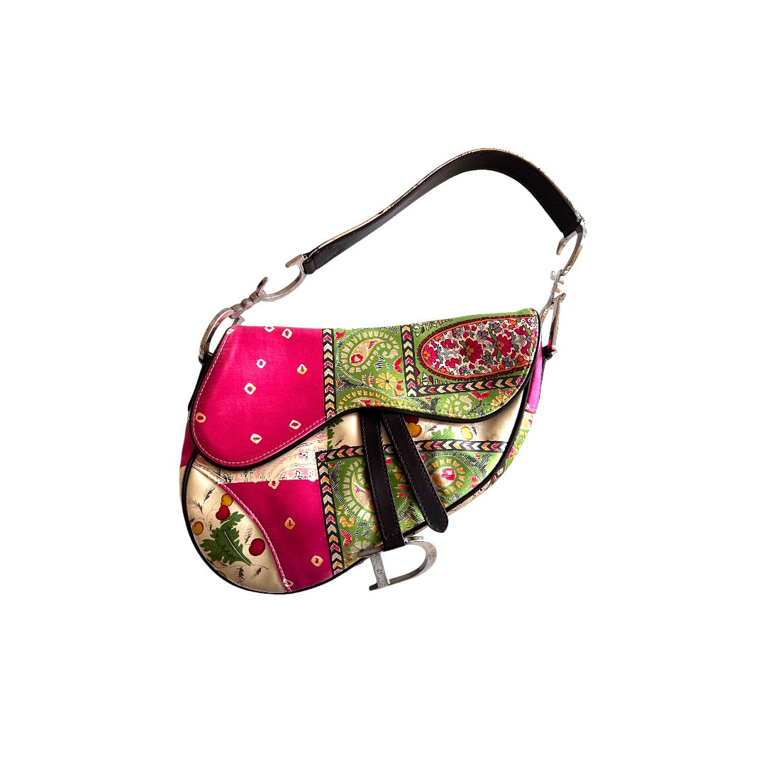 Vintage Dior Floral Print Satin Saddle Bag - Luxury Designer Crossbody Purse for Women, Perfect for Date Night & Special Occasions