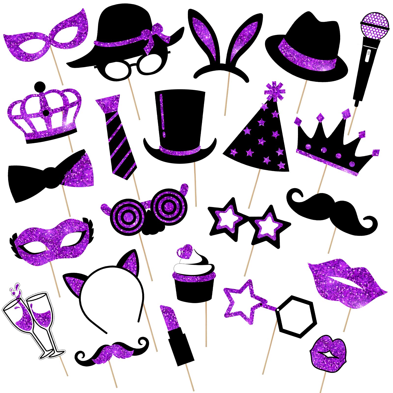 24-Piece Funny Photo Booth Props Set - Hats, Lipstick, Tie & Crowns for Birthday, Wedding, Graduation, Prom, Disco & Mardi Gras Parties (Black & Purple) - Perfect for Social Media, Events & Memorable Celebrations