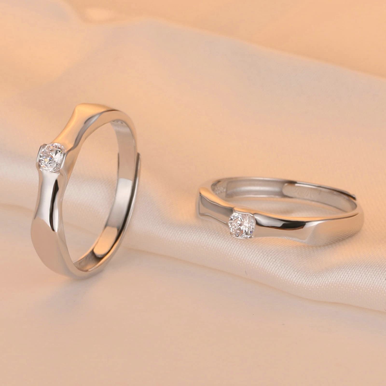 Sterling Silver Matching Wedding Bands Set with Cubic Zirconia Solitaire - Vintage Adjustable Engagement Rings for Couples | Perfect for Anniversaries, Proposals & Romantic Occasions