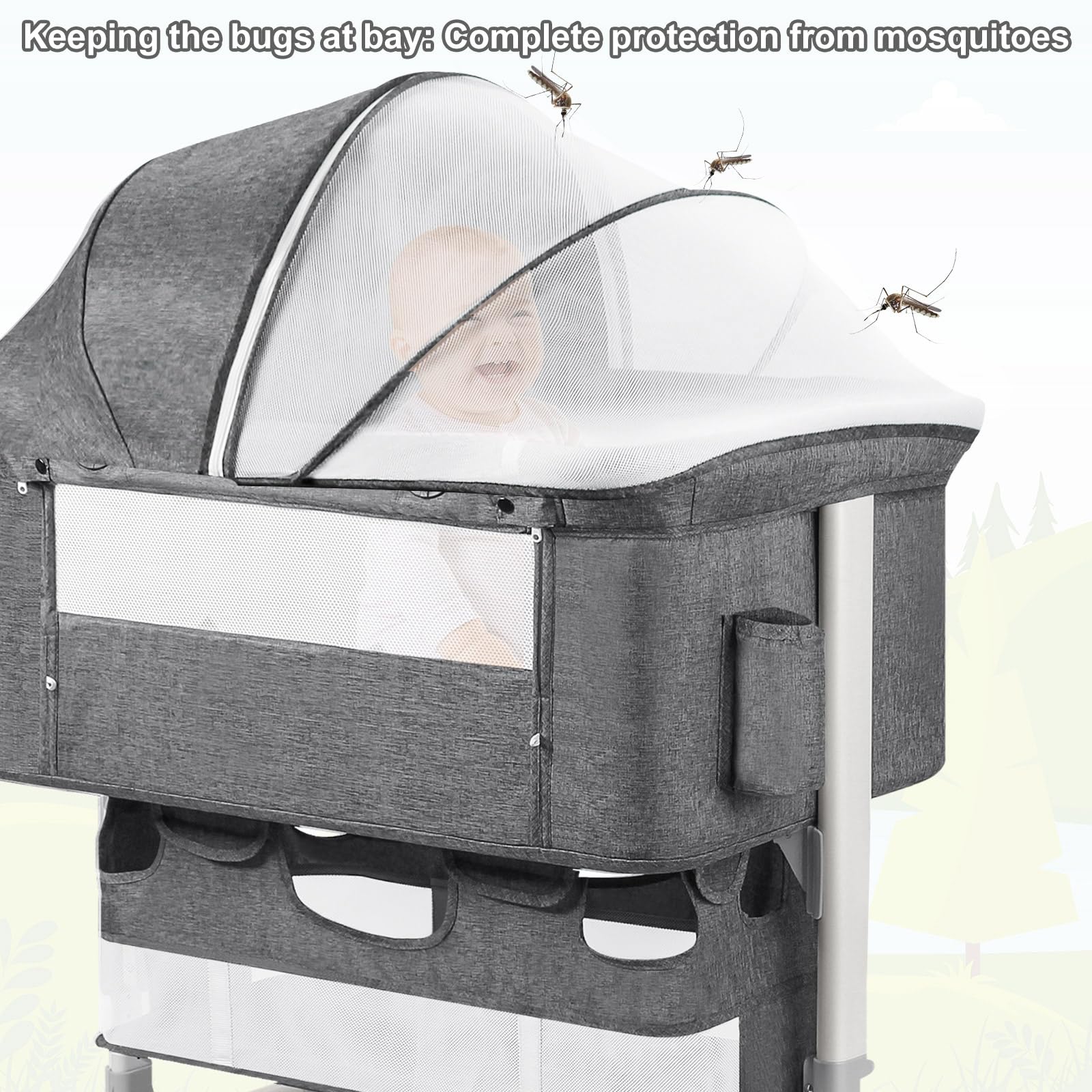 Portable Baby Bassinet Bedside Sleeper with Adjustable Height, Diaper Changing Station & Mosquito Net - 16 Gallon Storage Capacity, Grey - Perfect for Co-Sleeping, Nursery & Travel Use