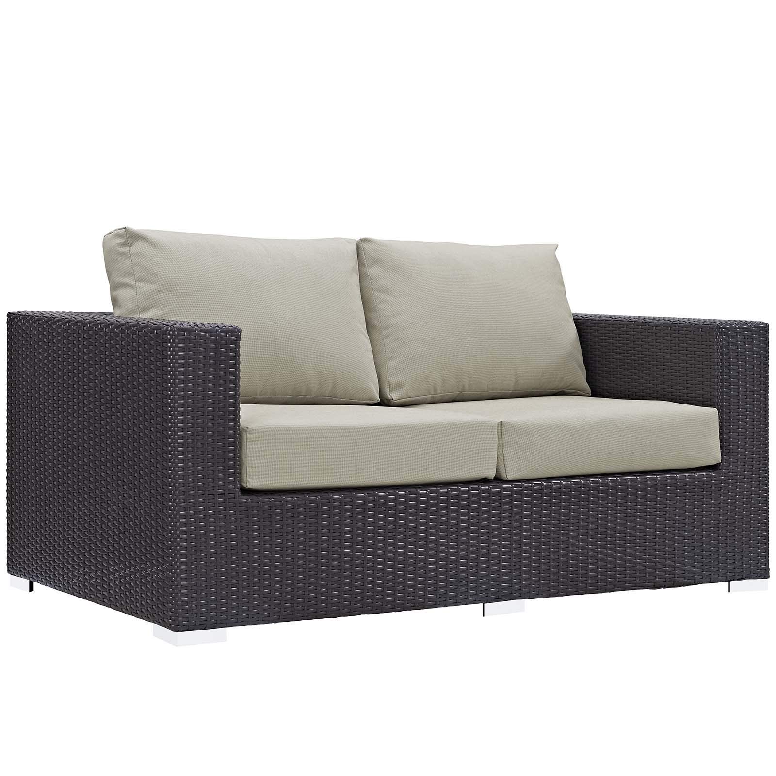 Modway Convene 3-Piece Wicker Rattan Outdoor Patio Sectional Set with Fire Pit - Espresso & White - Perfect for Backyard, Garden, Poolside Relaxation and Entertaining