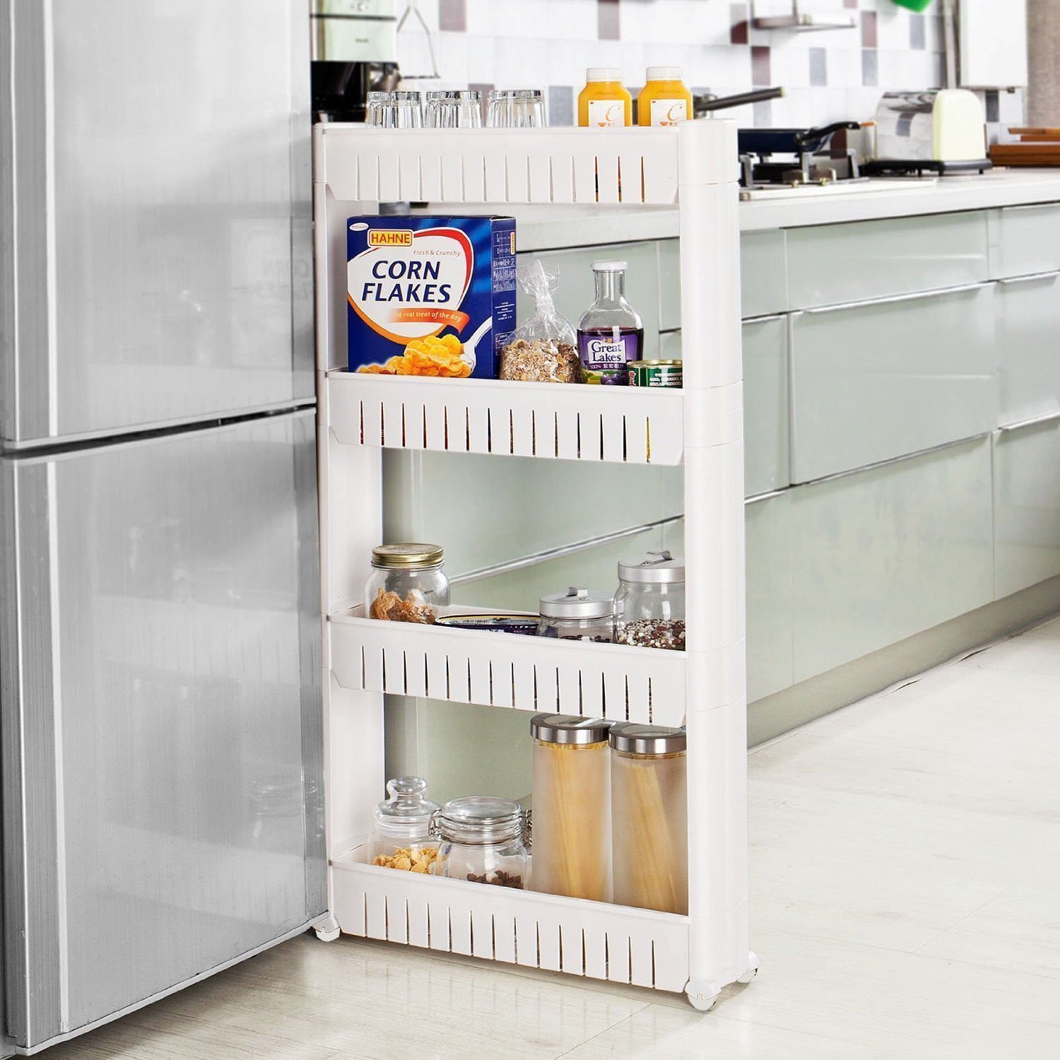 4-Tier Slim Plastic Storage Organizer with Wheels - White | Space-Saving Shelf for Bathroom, Kitchen, or Closet Organization | Ebee Home Storage Solution
