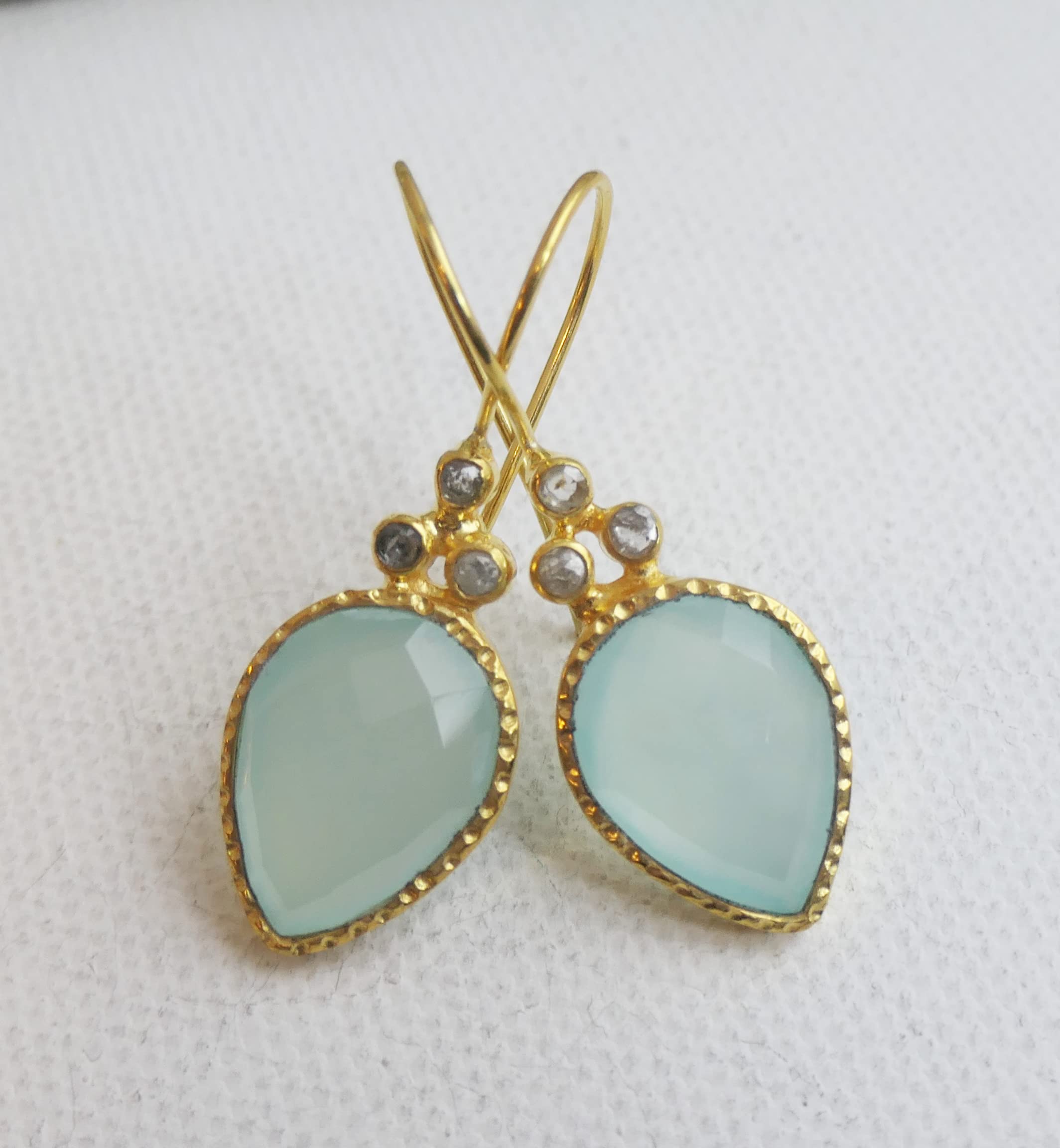 Aqua Chalcedony & Diamond Gold Plated Sterling Silver Earrings for Women - Natural Gemstone Jewelry - Handmade Gift for Birthday, Valentine's Day, Mother's Day - Elegant Statement Earrings for Parties, Weddings & Special Occasions