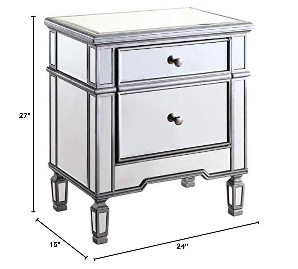 Beaumont Lane Silver Mirrored Nightstand with 1 Drawer & 1 Door - Elegant Bedside Cabinet for Bedroom Storage & Decor