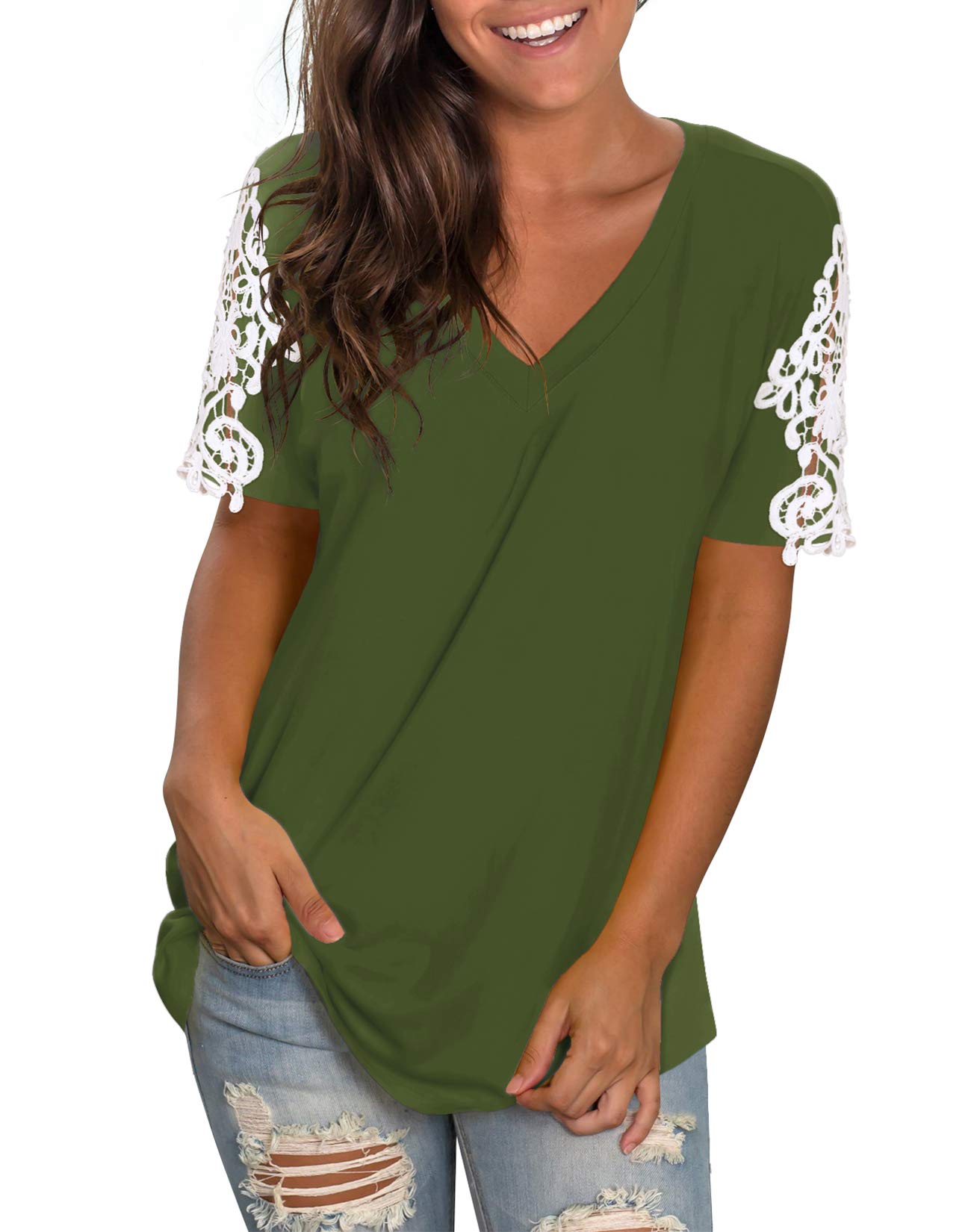 NIASHOT Women's V-Neck Short Sleeve Lace T-Shirt - Casual Summer Blouse for Daily Wear, Dating & Office Outfits