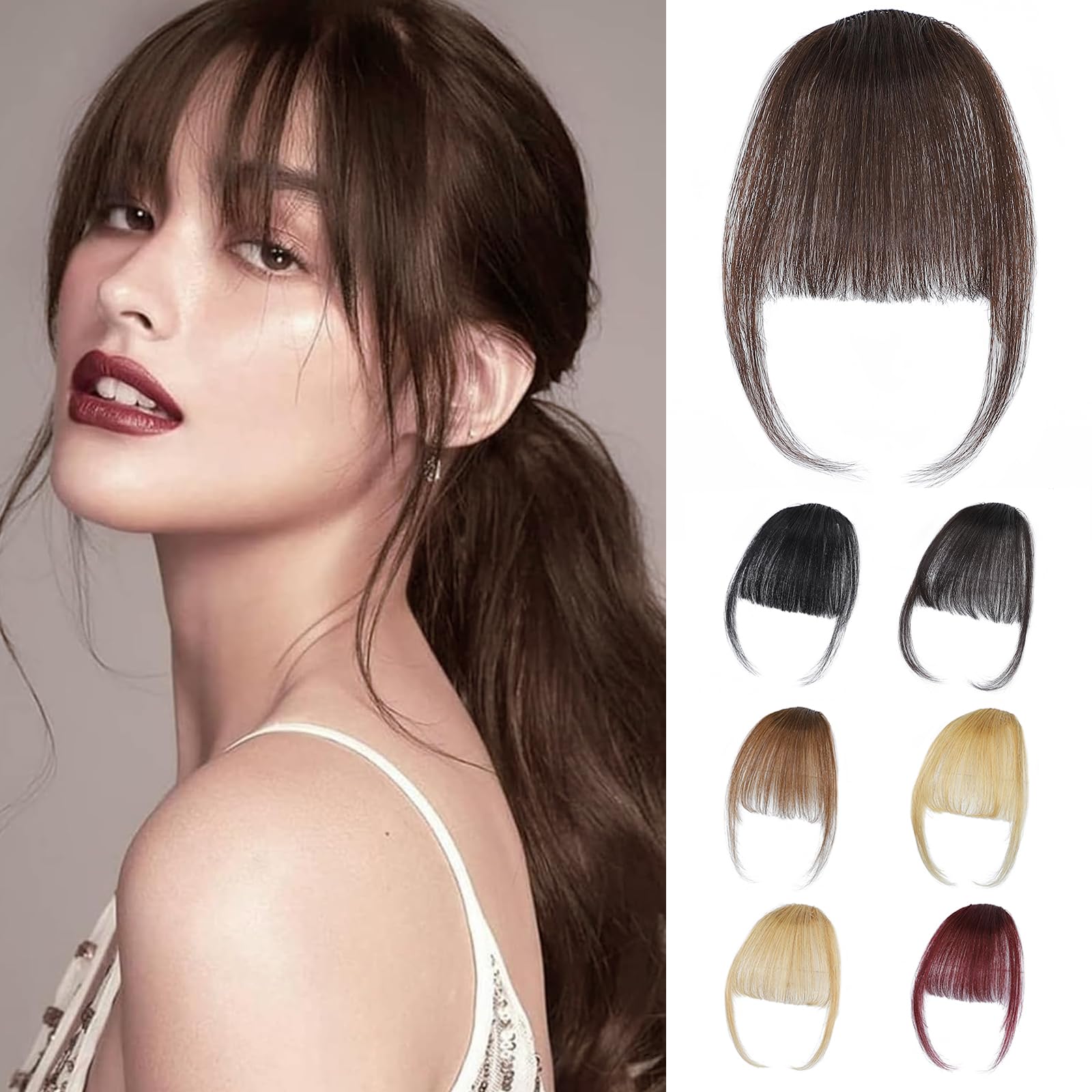 100% Real Human Hair Clip in Bangs for Women - Wispy Fake Bangs Hair Extensions with Hair Roller, Dark Brown | Natural Look for Daily Wear, Cosplay & Costume Parties
