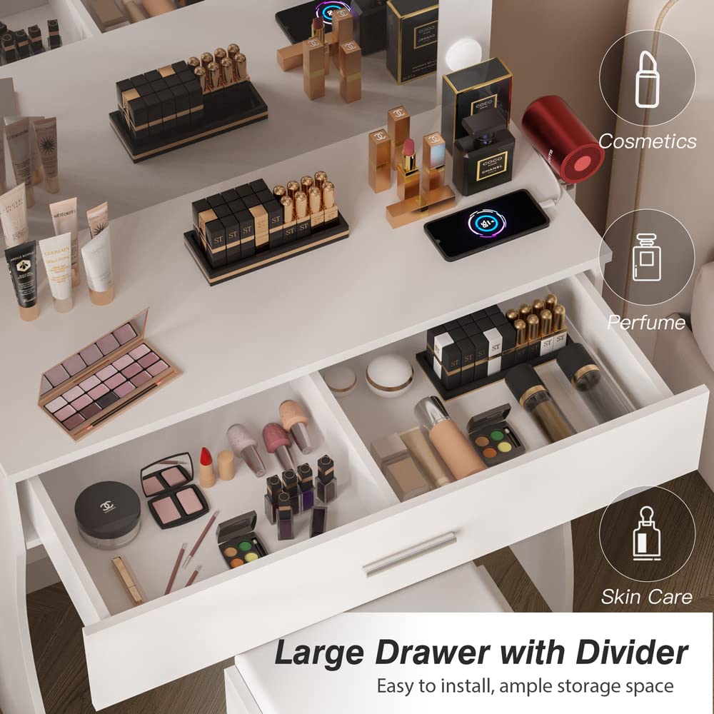 White Makeup Vanity Desk with LED Lights & Charging Station - 3 Color Modes, Large Mirror & Storage Stool - Perfect Dressing Table for Bedroom, Beauty Room & Home Salon