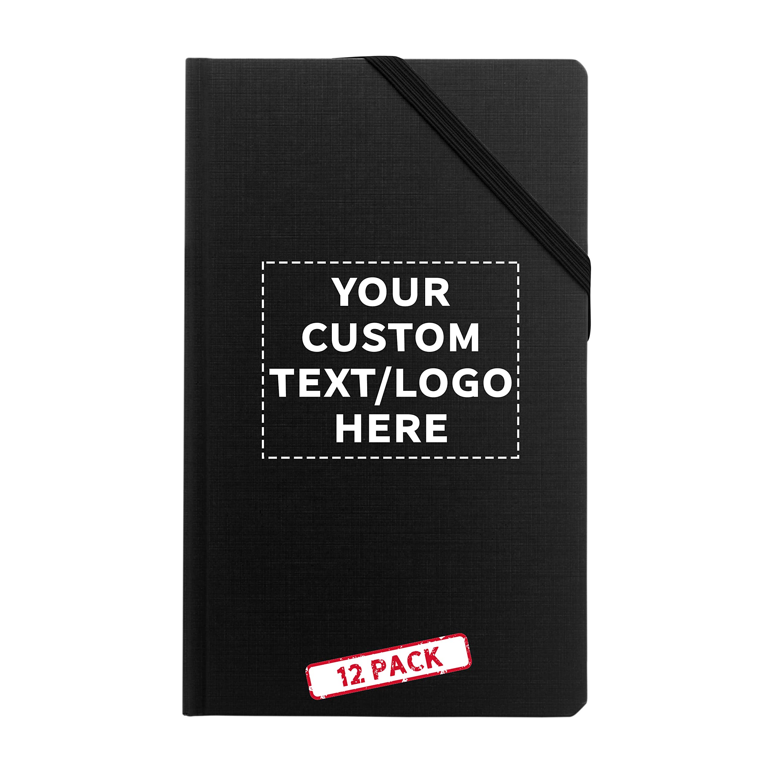 12 Pack Hardcover Journals with Corner Band - Customizable Text & Logo, Elegant Medium Size Notebooks for Writing, Sketching & Note Taking - Perfect for Office, School & Travel - Black