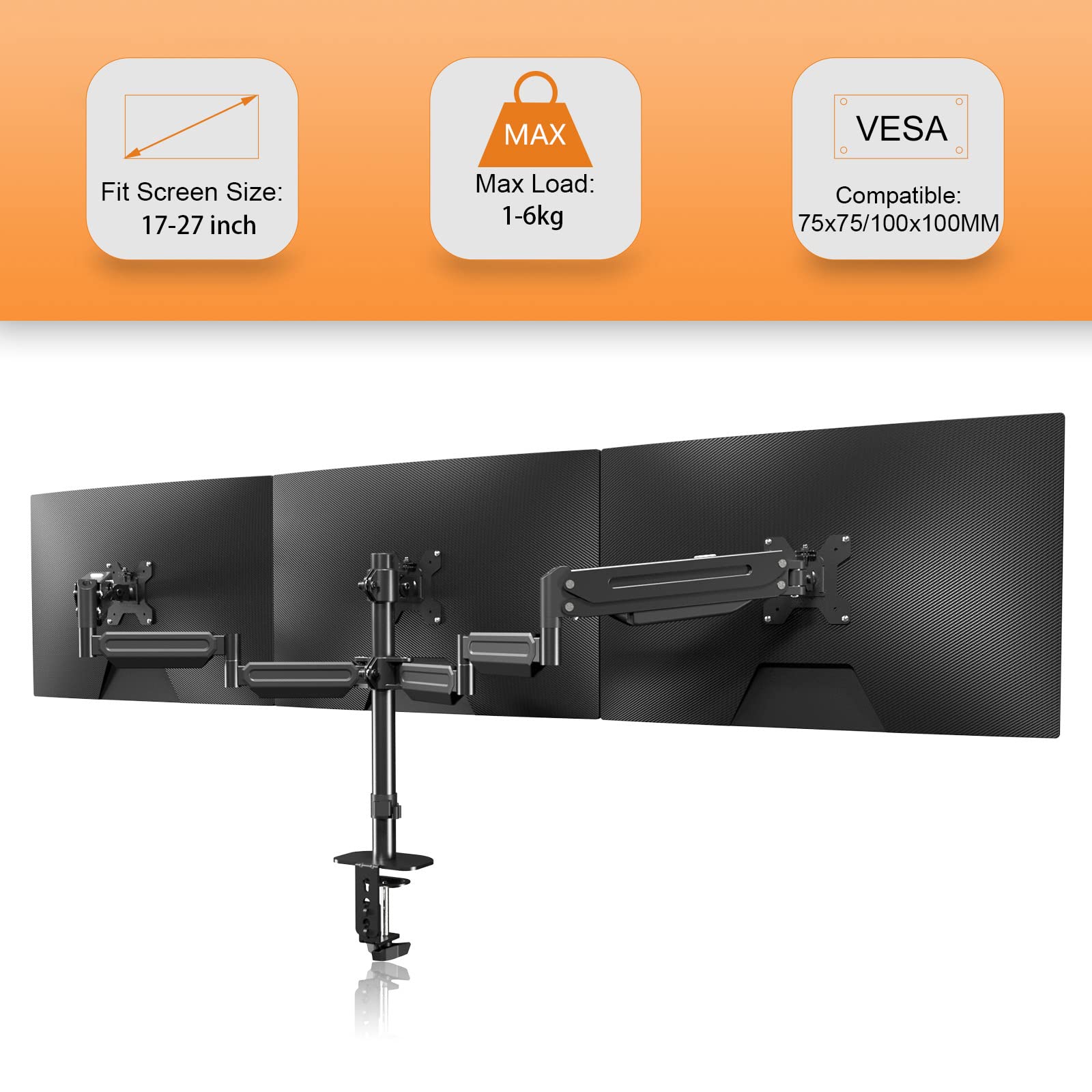 Triple Monitor Mount Stand for 3 Screens 17-27 Inch - Adjustable Gas Spring Monitor Arm with Tilt Swivel Rotation, Supports up to 6kg Each Screen, 2 Installation Options (MD8003) - Perfect for Home Office, Gaming Setup & Multi-Tasking Workspace