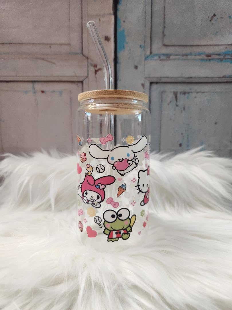 Hello Kitty Glass Can with Lid & Straw - 16oz Mason Jar Cup for Drinks & Snacks