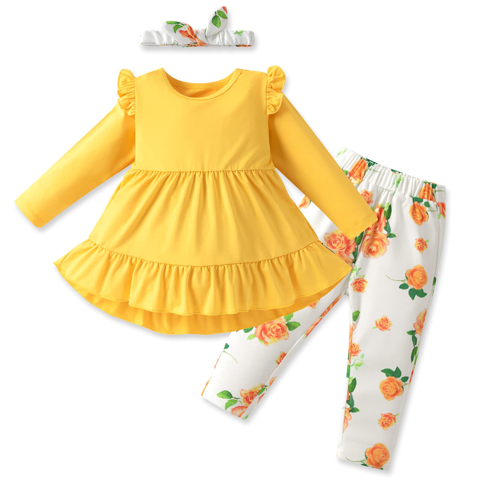Adorable Floral Ruffle Toddler Girl Outfit Set - Long Sleeve Pullover Top & Pants with Matching Headband | Perfect for Birthday Parties, Family Photos & Special Occasions