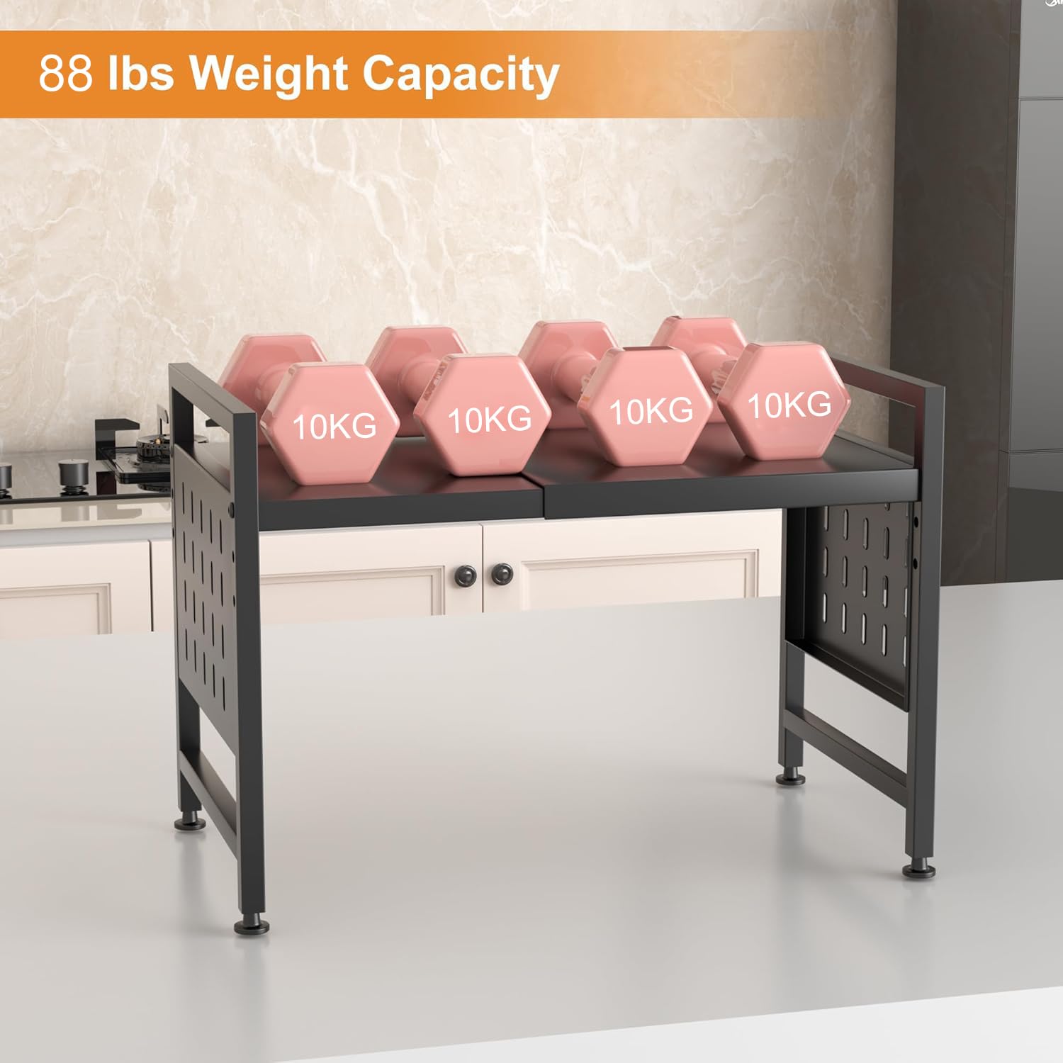 Expandable 2-Tier Microwave Oven Rack - Heavy Duty Metal Kitchen Countertop Organizer Shelf with 88lbs Capacity - Perfect for Baking, Cooking & Small Appliance Storage in Compact Spaces