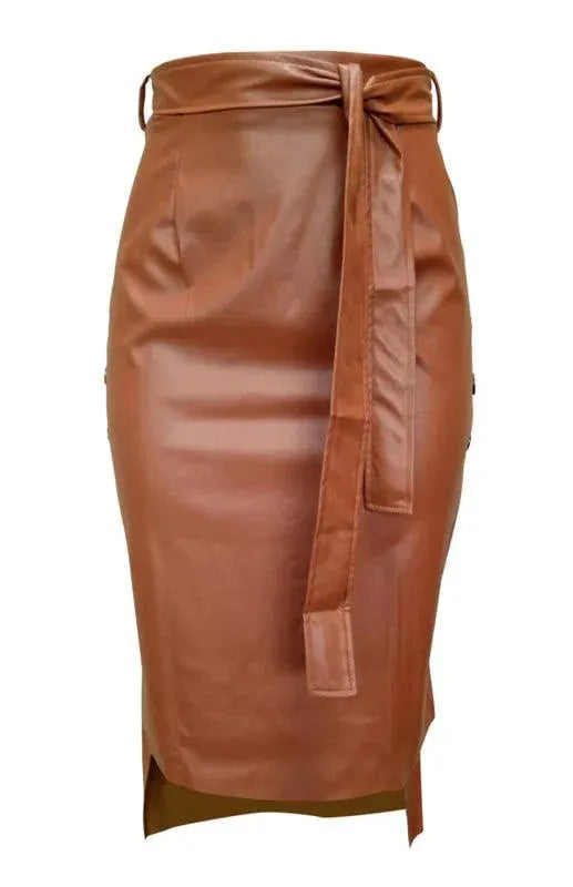Stylish Belted Leather Pencil Midi Skirt with Side Slit - Women's High Waist Slim Fit Skirt for Office, Party & Date Night Outfits