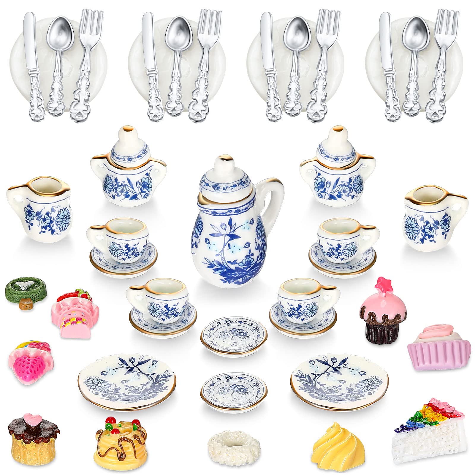 1:12 Scale Miniature Dollhouse Kitchen Accessories Set - 41 Pcs Retro Style Mini Porcelain Tea Cups, Plates, Cutlery & Dessert Decor for Dollhouse, DIY Crafts & Party Table Decoration
