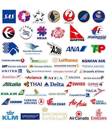 55 Pcs Airline Logo Stickers - Waterproof Vinyl Decals for Water Bottles, Laptops, Luggage, Cars & Bikes - Perfect for Travel Enthusiasts & Aviation Lovers (Great for DIY Projects, Scrapbooking & Personalizing Belongings)
