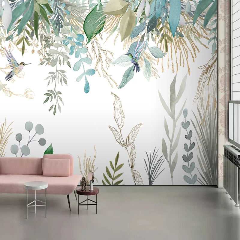 Tropical Plant Leaves Flowers and Birds Wallpaper Mural - Nature-Inspired Peel & Stick Wall Decor for Living Room, Bedroom, Nursery | Easy to Install & Removable