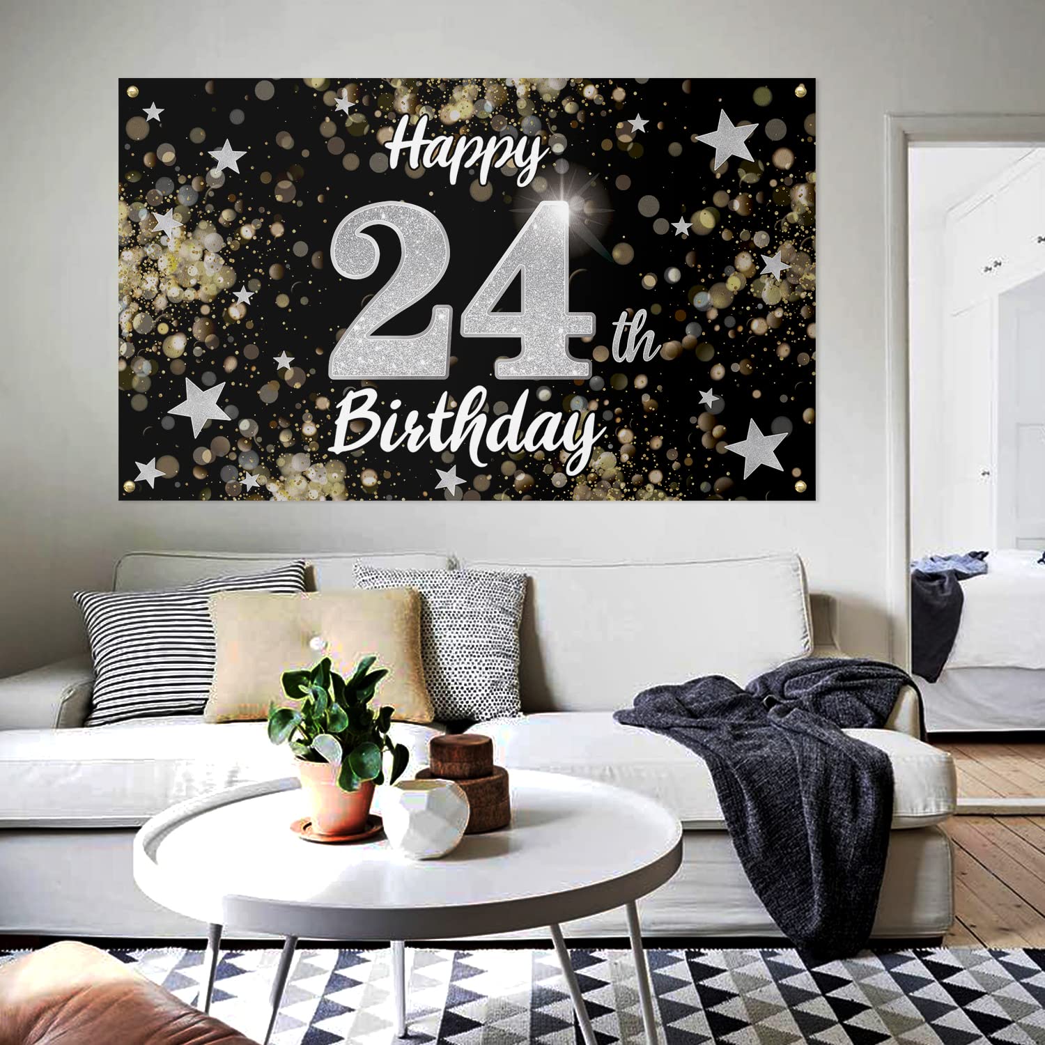24th Birthday Decorations - Black & Silver Dream Star Large Backdrop Banner for 24 Years Old Party | Perfect for Milestone Celebrations, Photo Booths & Birthday Party Decor