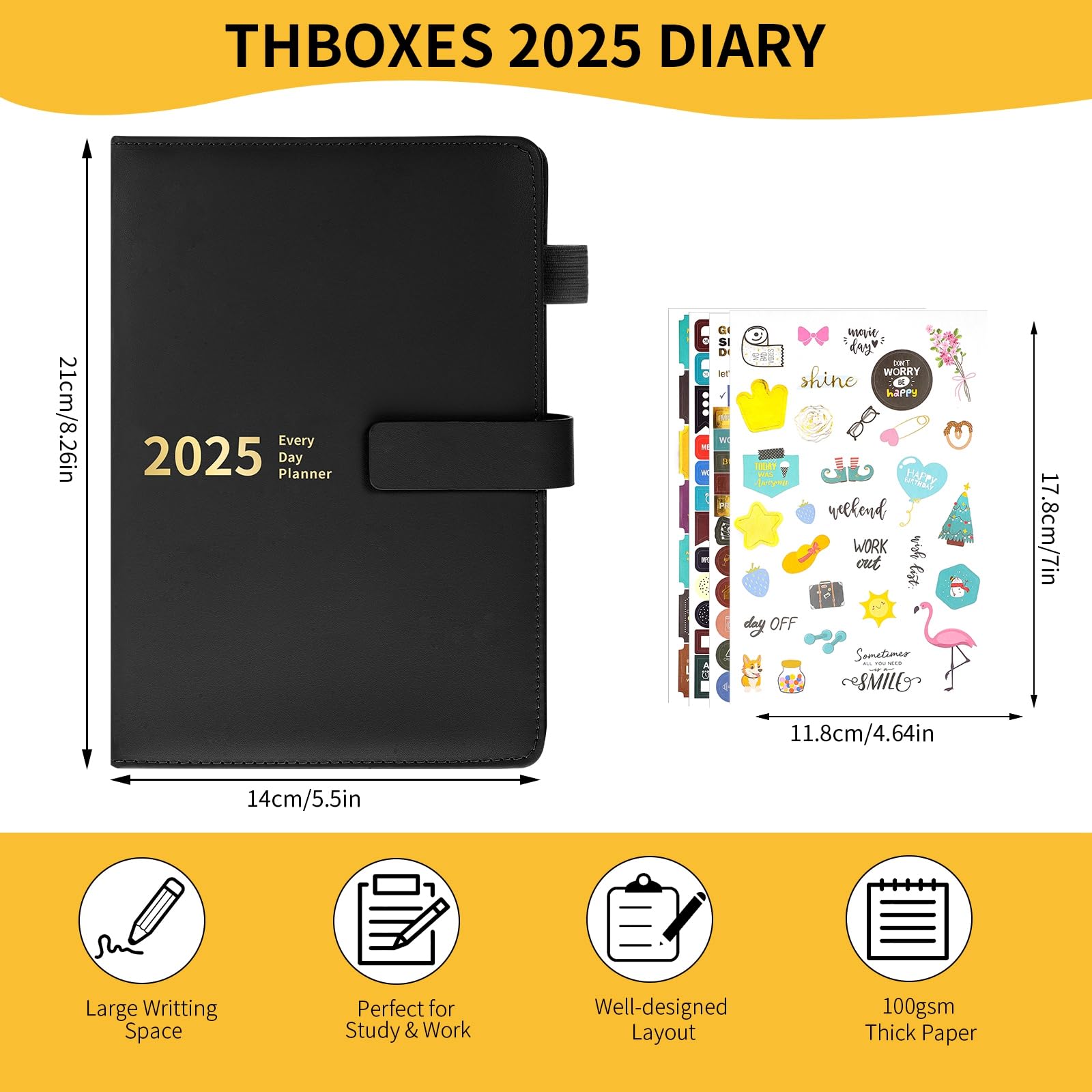 2025 Daily Planner A5 Size - Jan to Dec 2025 Academic Diary with Leather Cover & Stickers | 360 Pages 80GSM Paper | 21x14cm Black | Perfect for Students, Professionals & Gift Giving