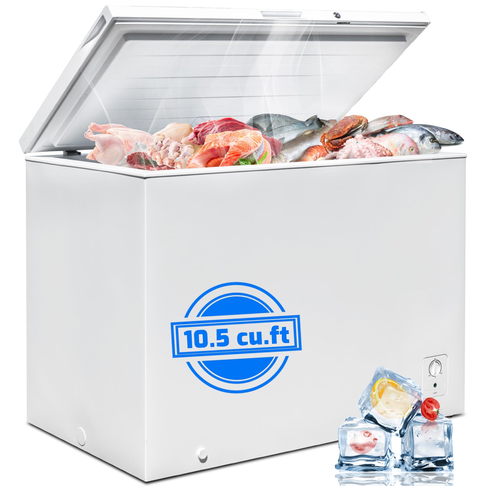 10.5 Cu.Ft Chest Freezer - Energy Efficient Deep Freezer with Top Door, 3 Removable Baskets & Front Defrost Drain - Perfect for Garage, Kitchen, Basement Storage - White (Ideal for Bulk Food Storage, Meal Prep & Home Organization)