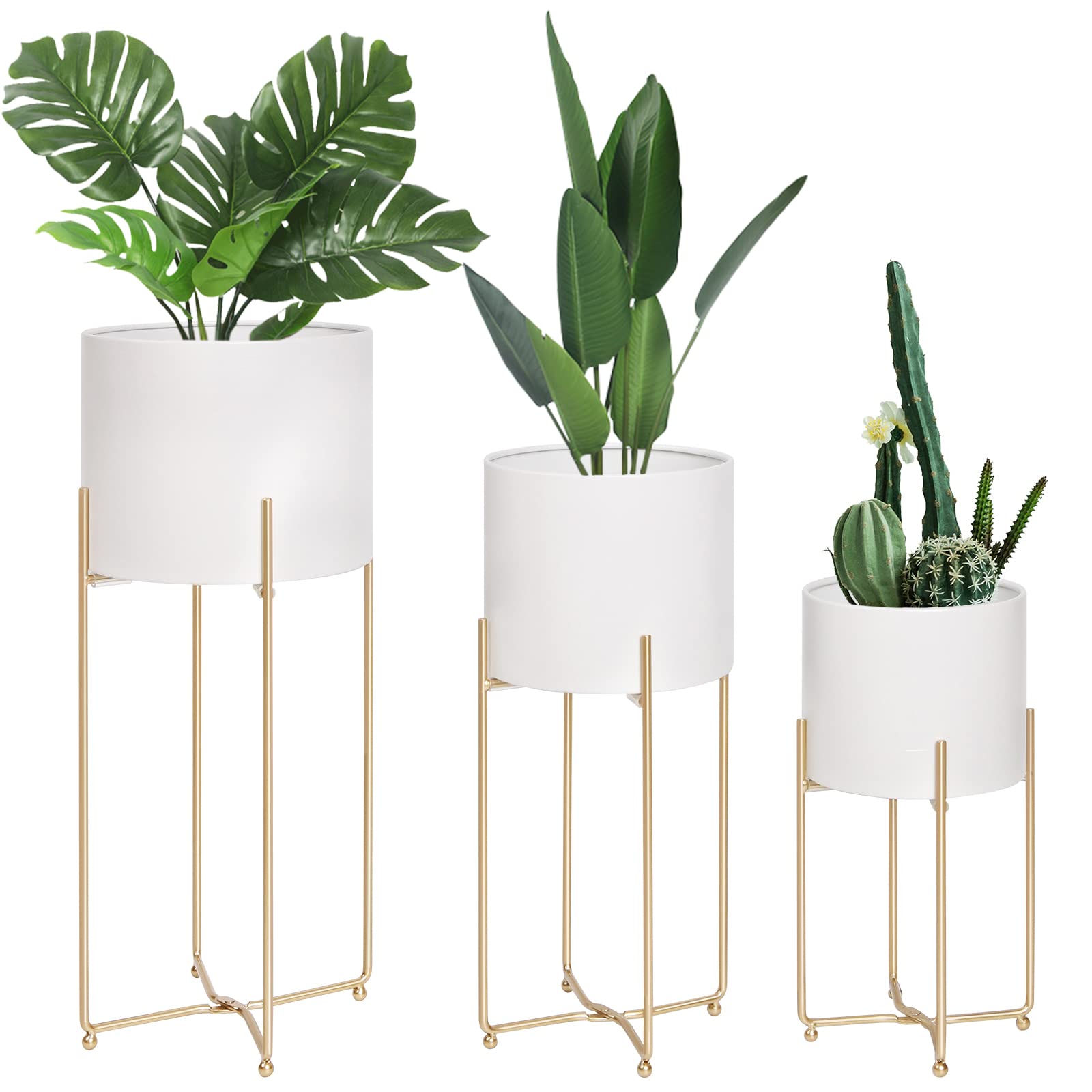 **Elegant White Metal Planters with Gold Stands - Set of 3 Large Indoor Flower Pots for Mid-Century Modern Decor (9/8/7 Inch) - Perfect for Living Room, Corner, Patio & Office Spaces**