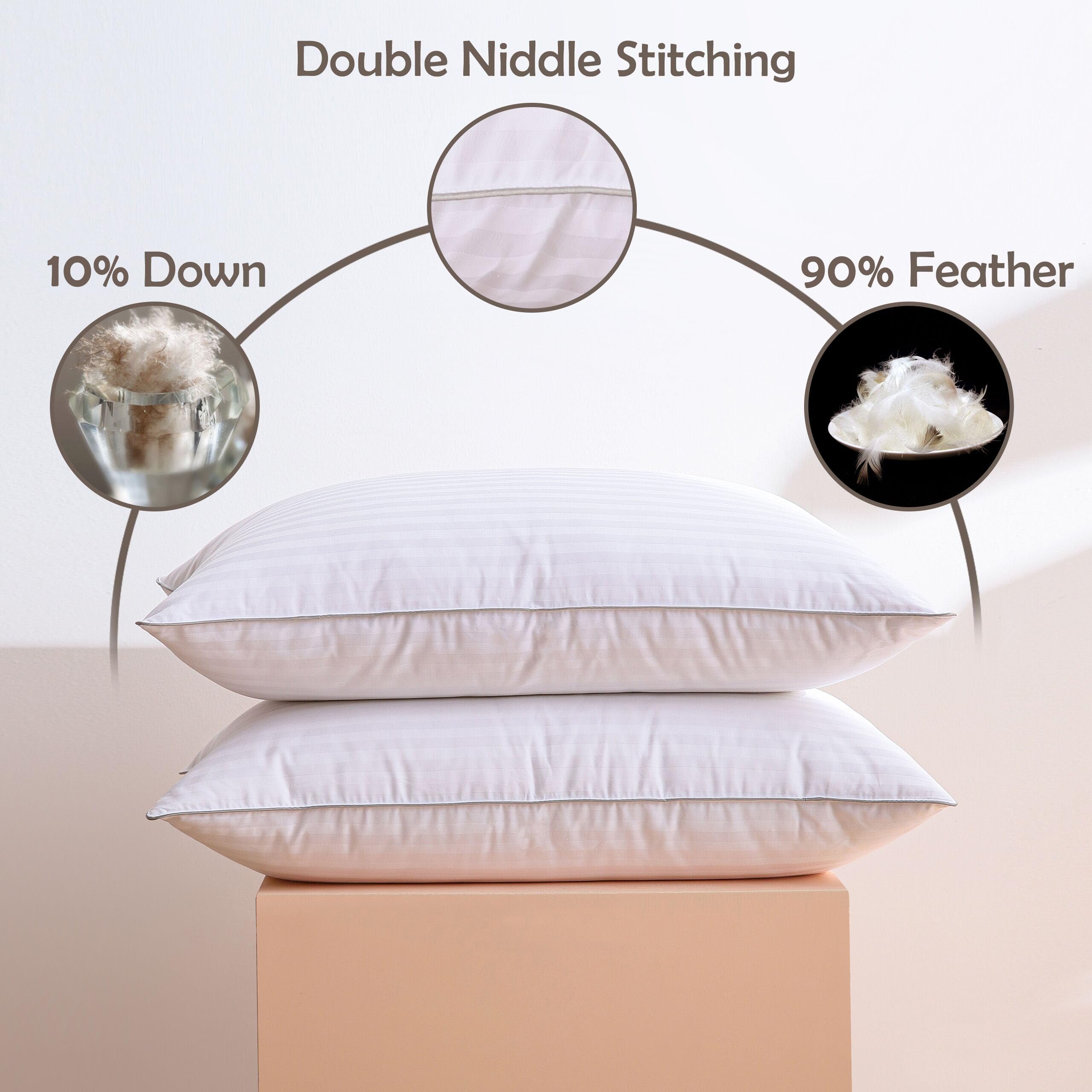 Premium Goose Feather Down Pillows Queen Size - 100% Soft Cotton Cover, Medium Firm Support for Back Sleepers - Hotel Collection Pillow (1 Pack) - Ideal for Home, Travel & Guest Rooms