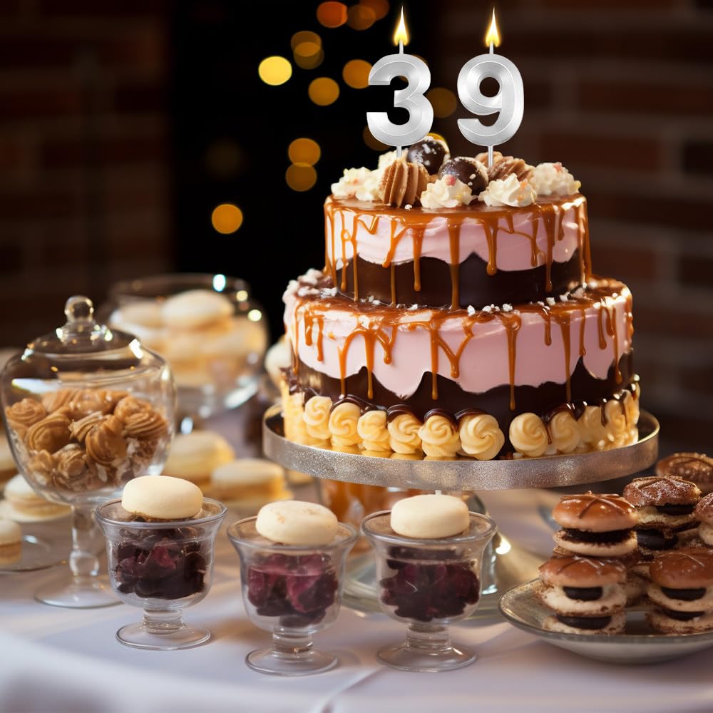 39 Number Candles for Birthday Cake - Silver Decorations for Party Wedding