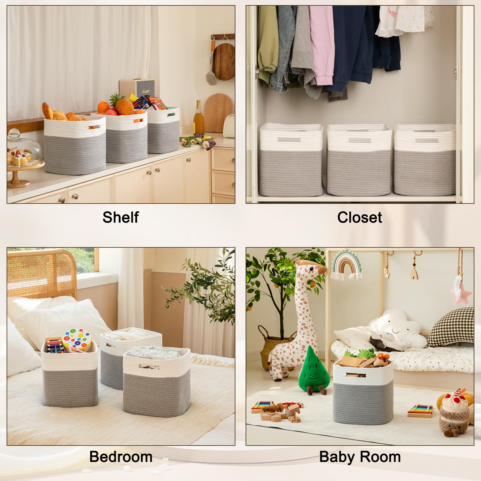 11 Inch Cotton Rope Storage Cubes - 3-Pack Woven Organizing Baskets for Shelves, Closet & Nursery | Grey Square Storage Bins - Perfect for Home Organization, Baby Room & Closet Storage