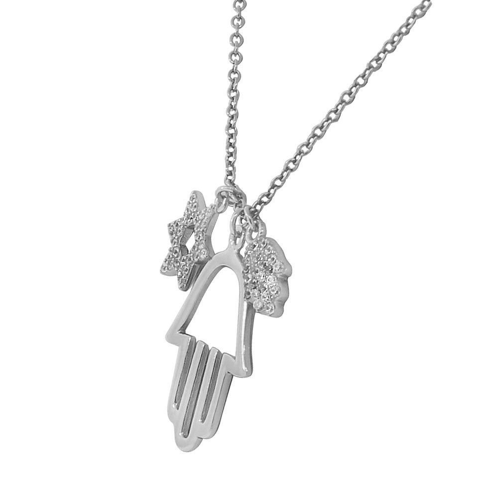925 Sterling Silver White CZ Hamsa & Star of David Pendant Necklace - Elegant Jewish Jewelry for Protection & Good Luck - Perfect for Hanukkah Gifts, Daily Wear & Spiritual Blessings