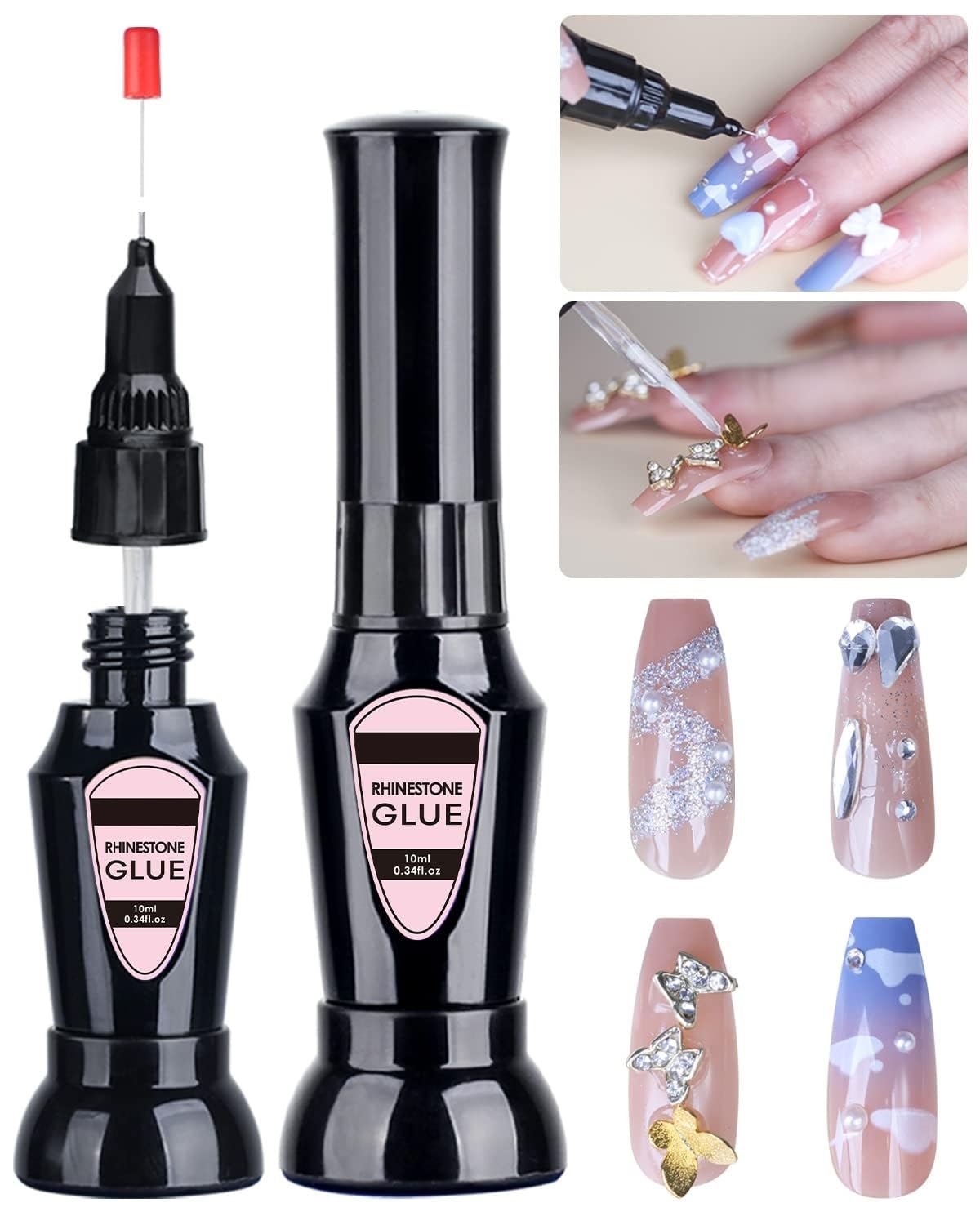 Rhinestone Nail Glue - 2 in 1 Precision Nail Adhesive with Brush & Pen Tip, 10ml Clear Gel for Nail Art & Jewelry Application (UV Cure Needed) - Perfect for DIY Manicures, Salon Nail Designs, and Rhinestone Embellishments
