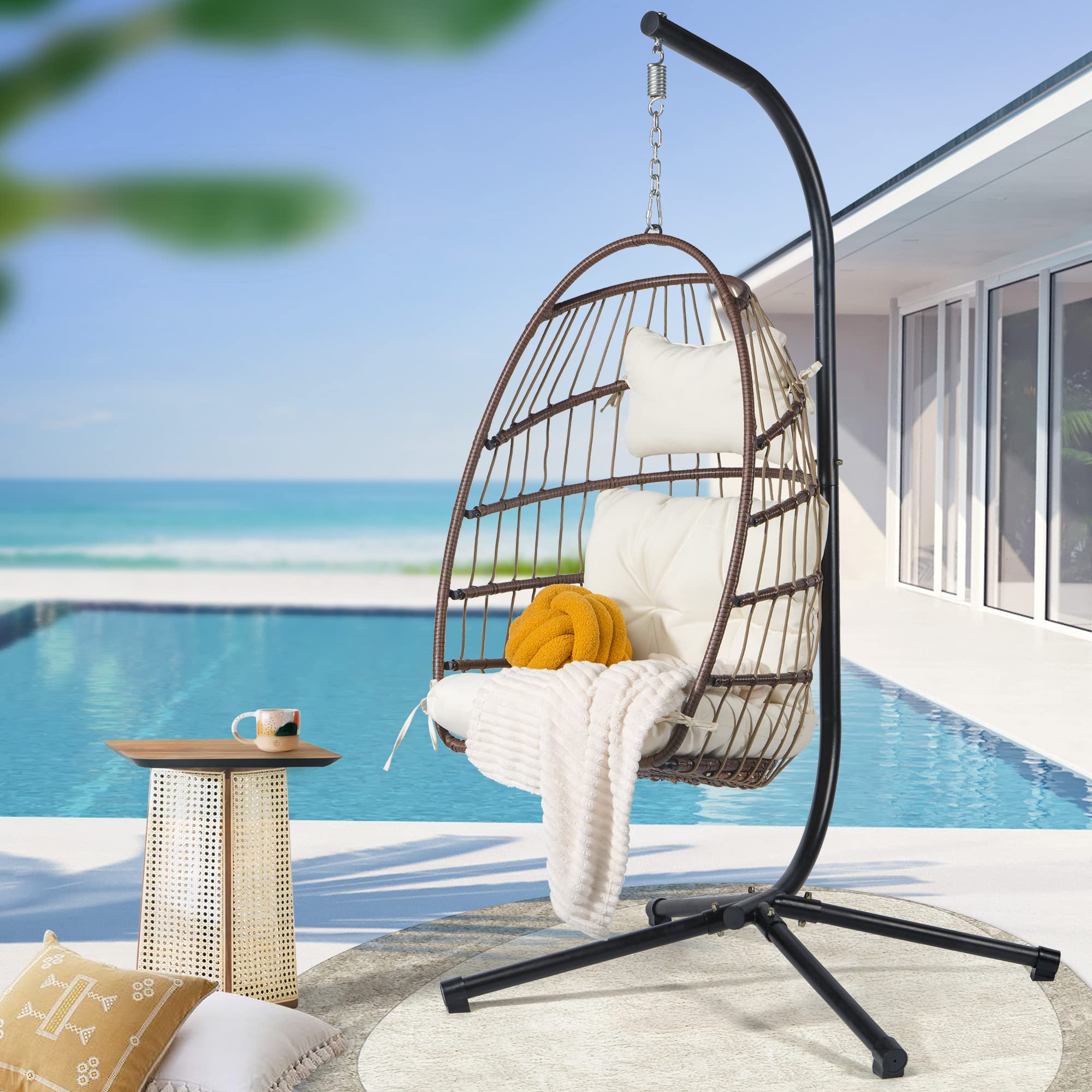 Bohemian Wicker Hanging Egg Chair with Stand - Waterproof Outdoor Folding Hammock Chair for Porch, Patio, Balcony & Backyard - Includes White Cushions & Brown Waterproof Cover - Perfect for Relaxing, Reading & Sunbathing