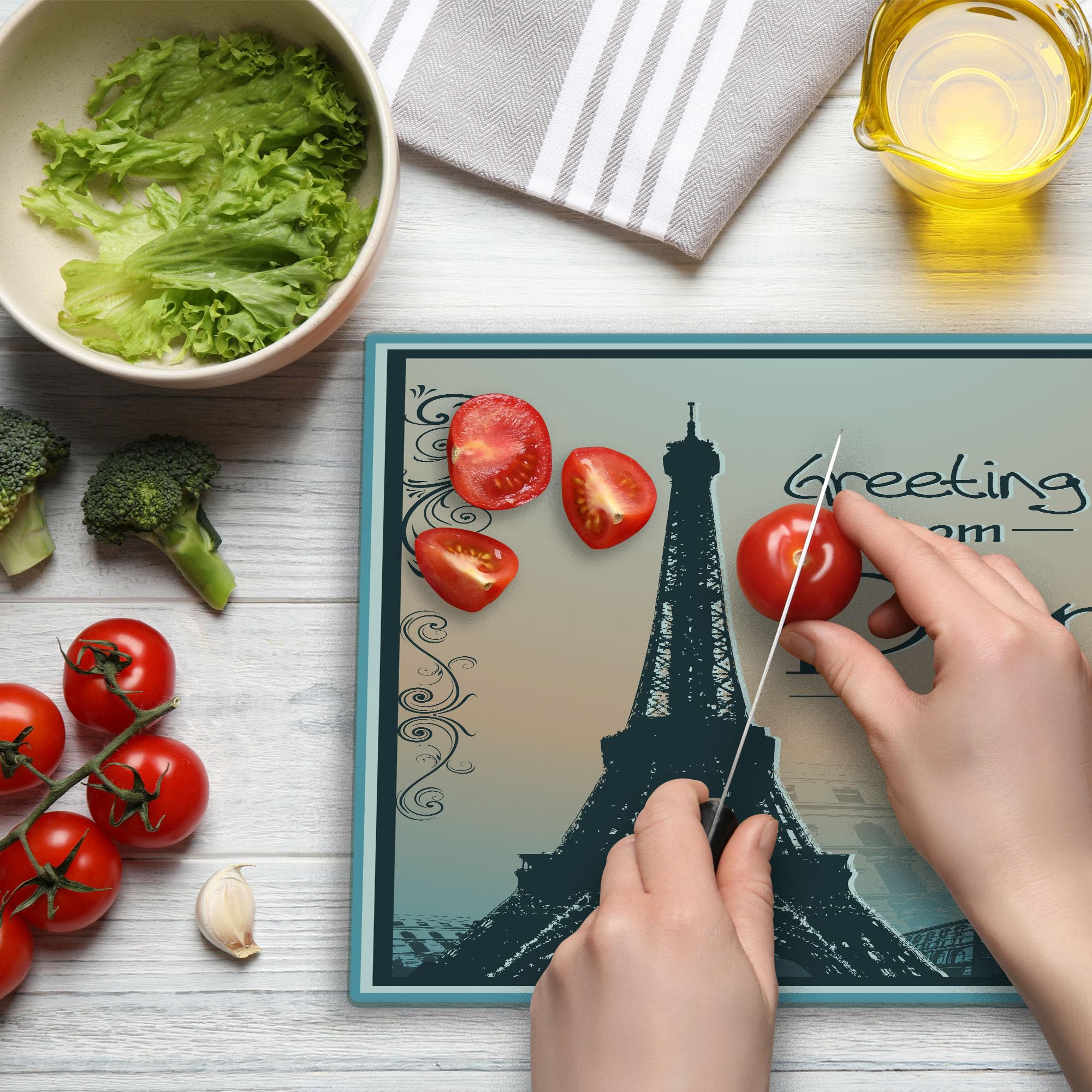 Ambesonne Eiffel Tower Tempered Glass Cutting Board - Large Paris France Themed Serving Tray with Romantic Design in Peach, Slate Blue, Sky Blue & White - Perfect for Kitchen Decor, Cheese Platters, and French-Themed Dinner Parties